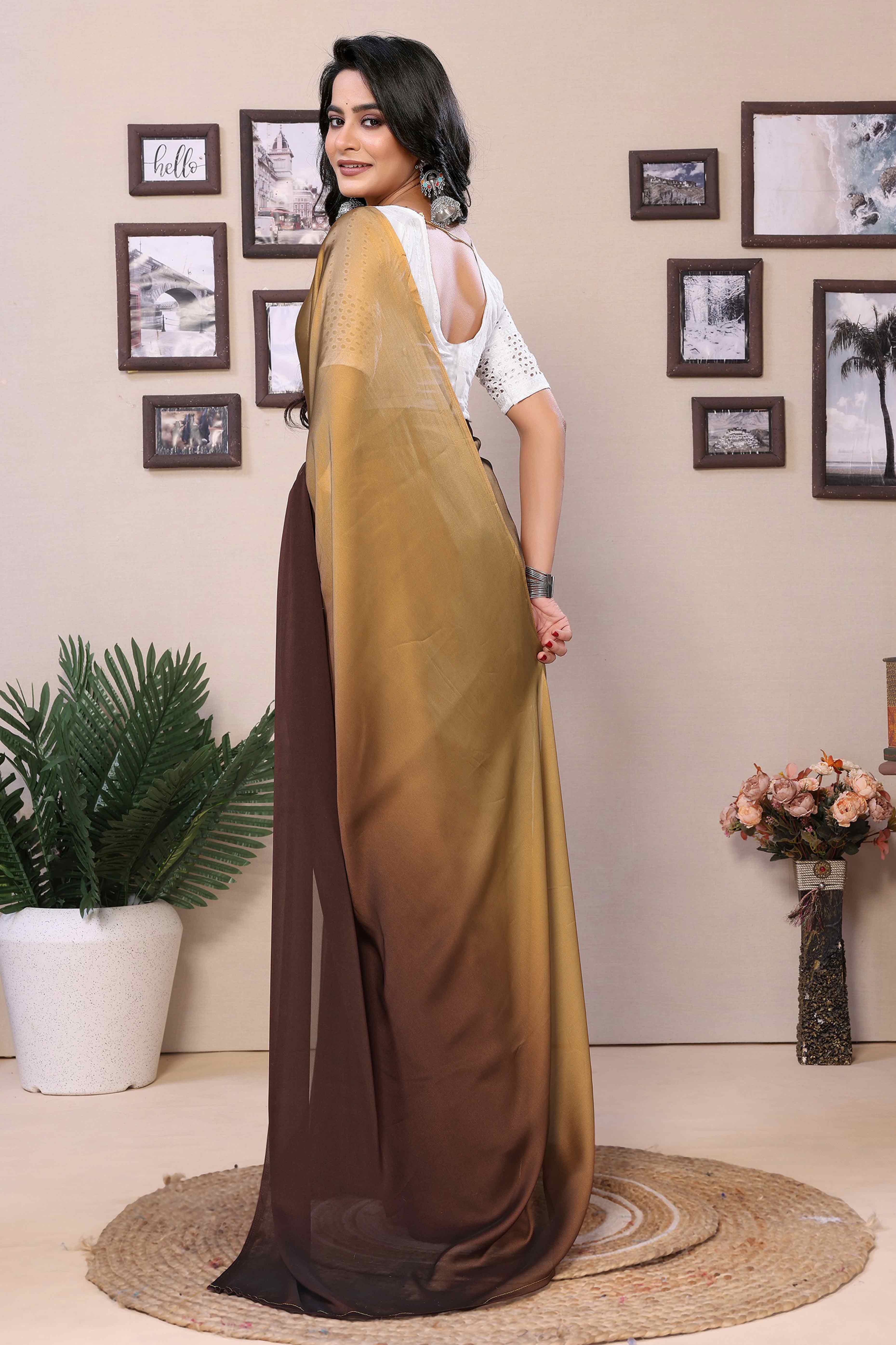 Brown Solid Satin Ready To Wear Ombre Saree