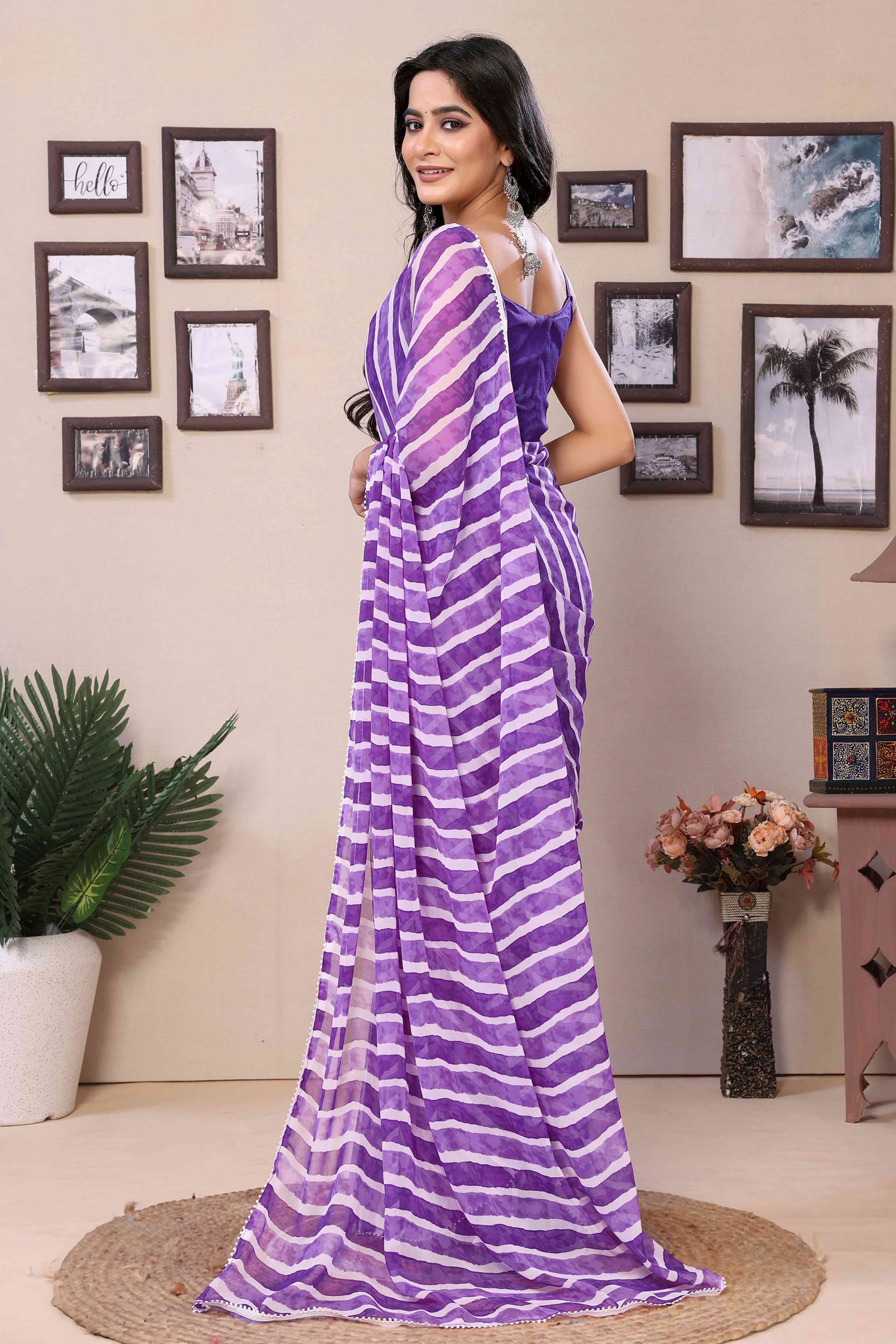 Violet Striped Printed Georgette Ready To Wear Saree