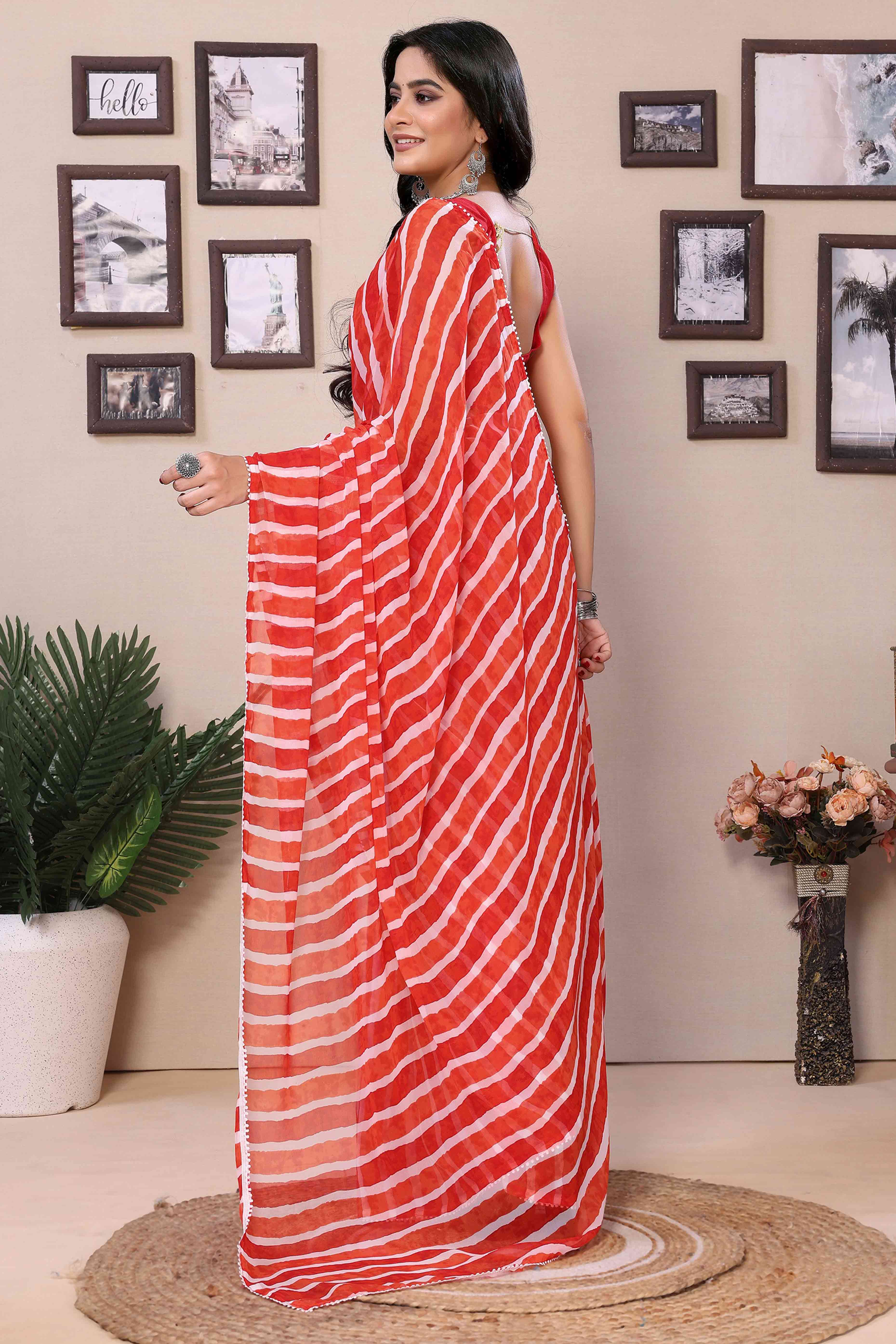 Red Striped Printed Georgette Ready To Wear Saree