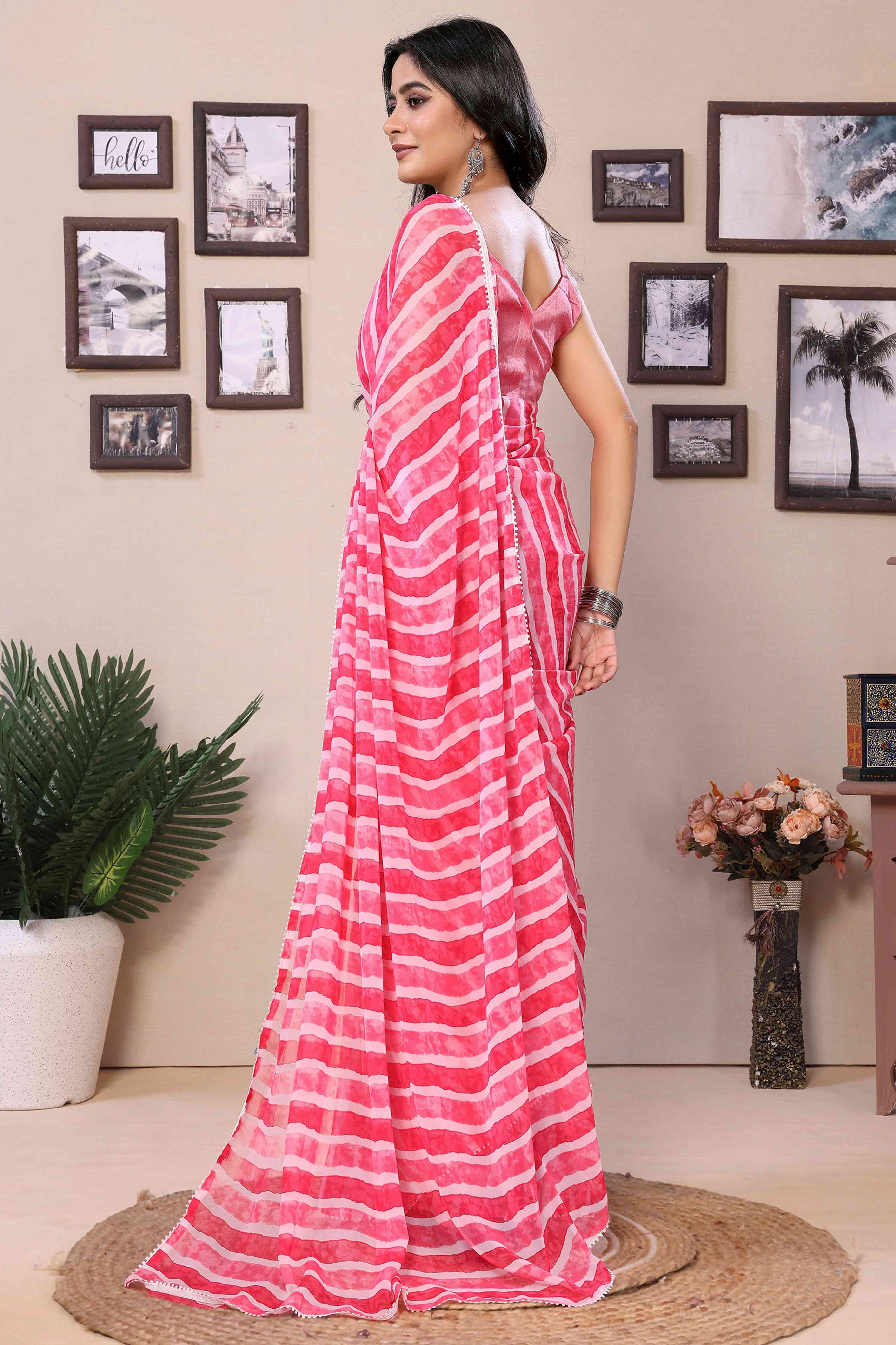 Pink Striped Printed Georgette Ready To Wear Saree