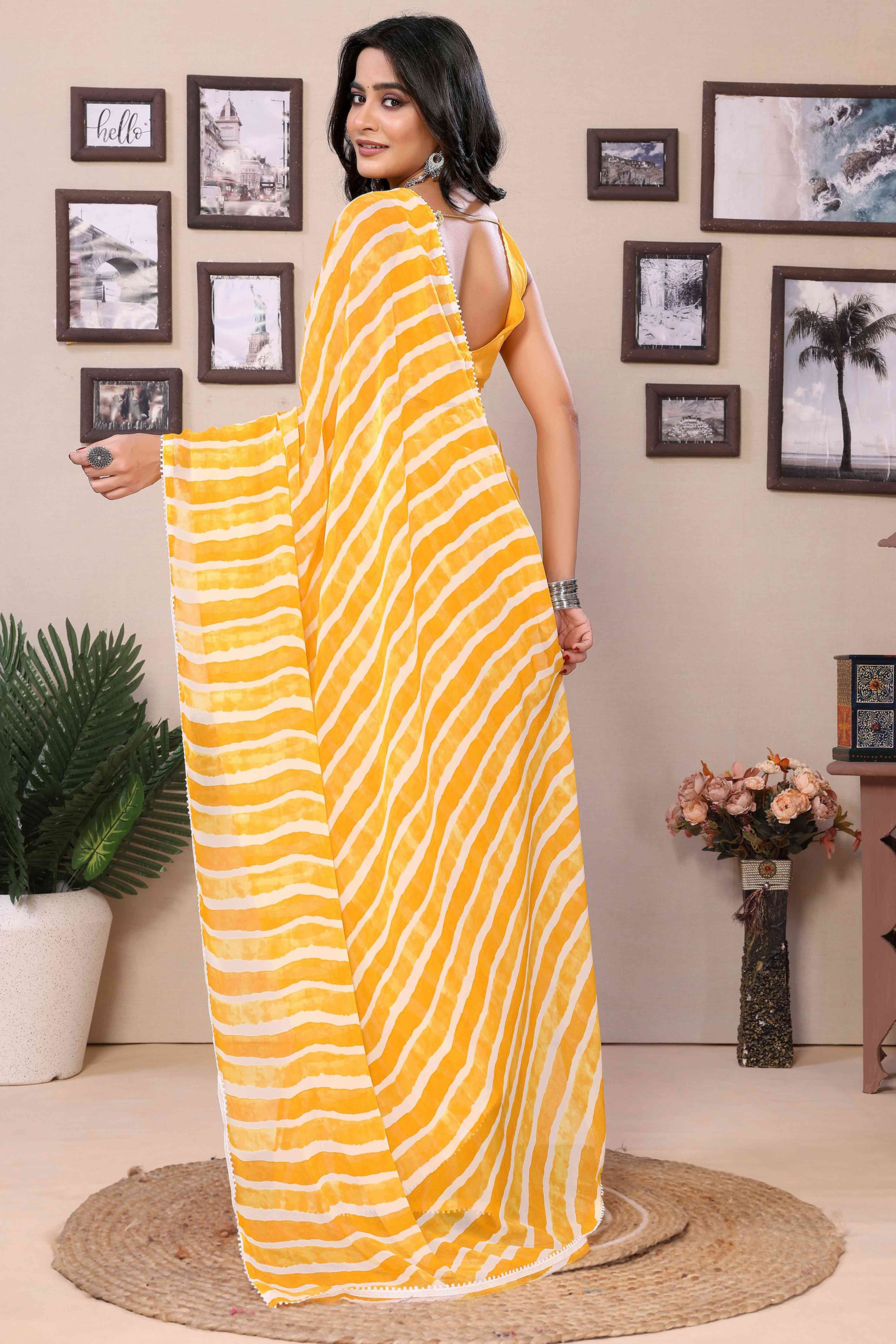 Yellow Striped Printed Georgette Ready To Wear Saree