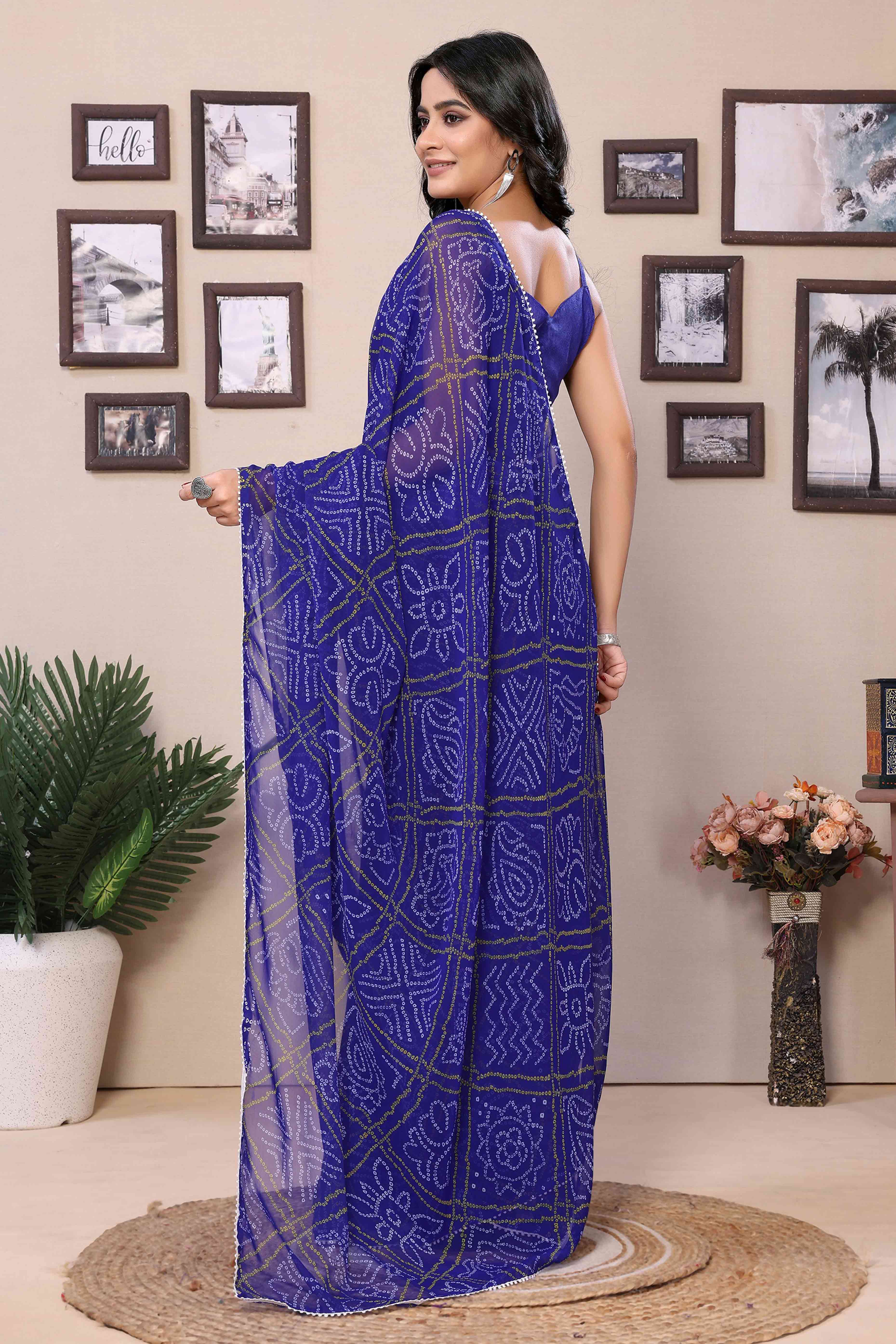 Blue Bandhani Printed Georgette Ready To Wear Saree