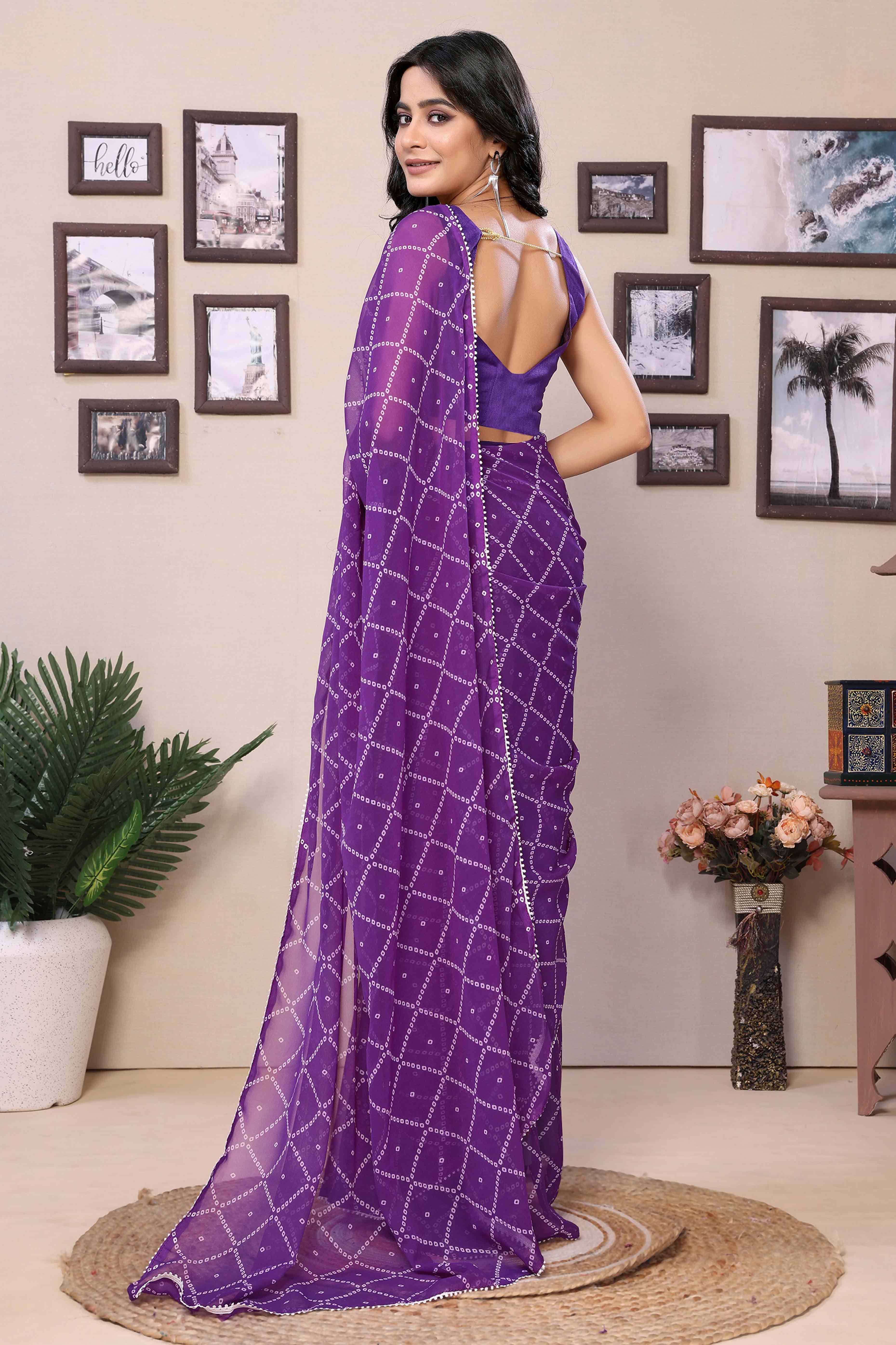 Purple Bandhani Printed Georgette Ready To Wear Saree