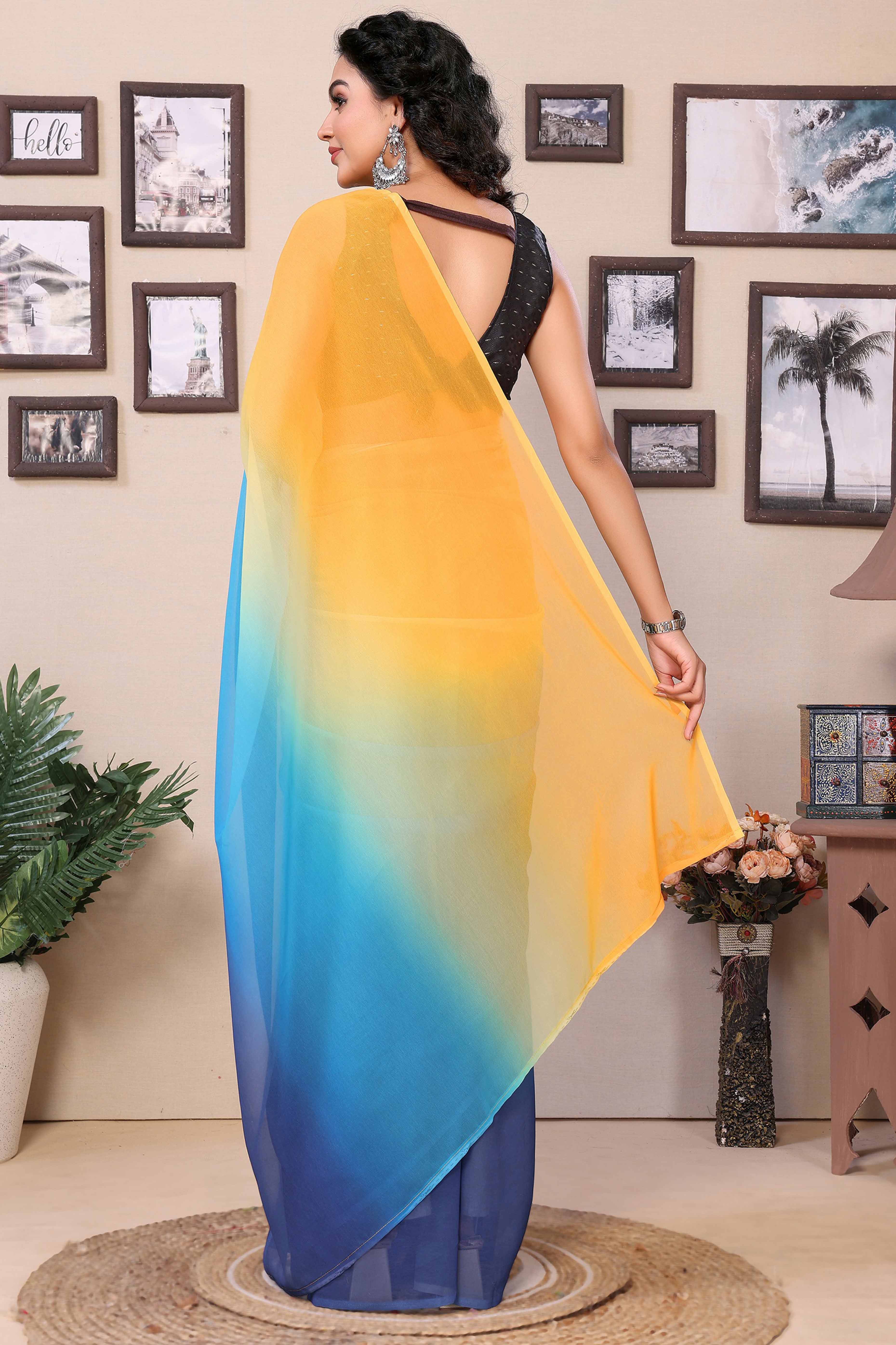 Yellow & Blue Solid Georgette Ready To Wear Ombre Saree