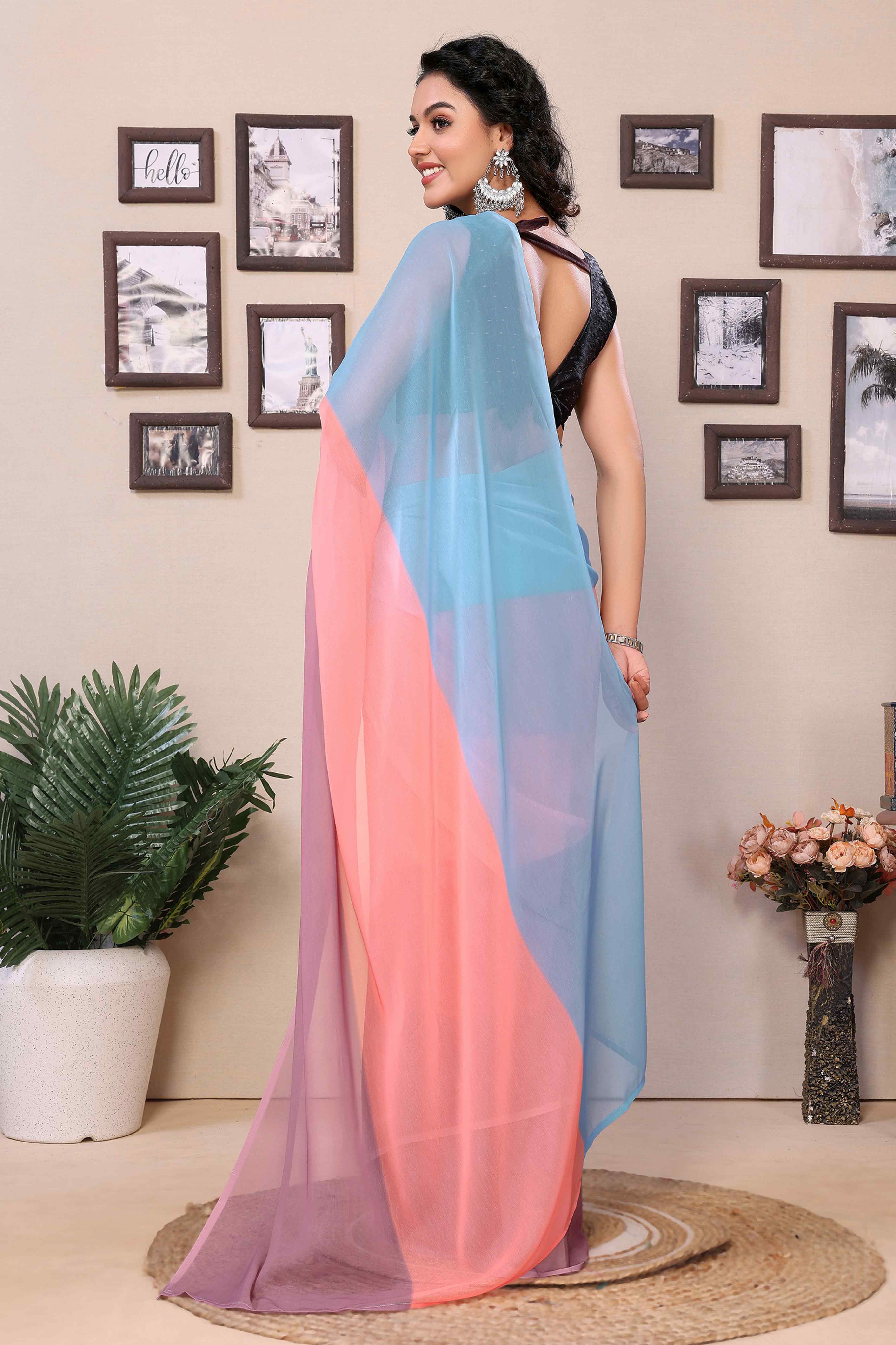 Multicolor Striped Printed Georgette Ready To Wear Saree