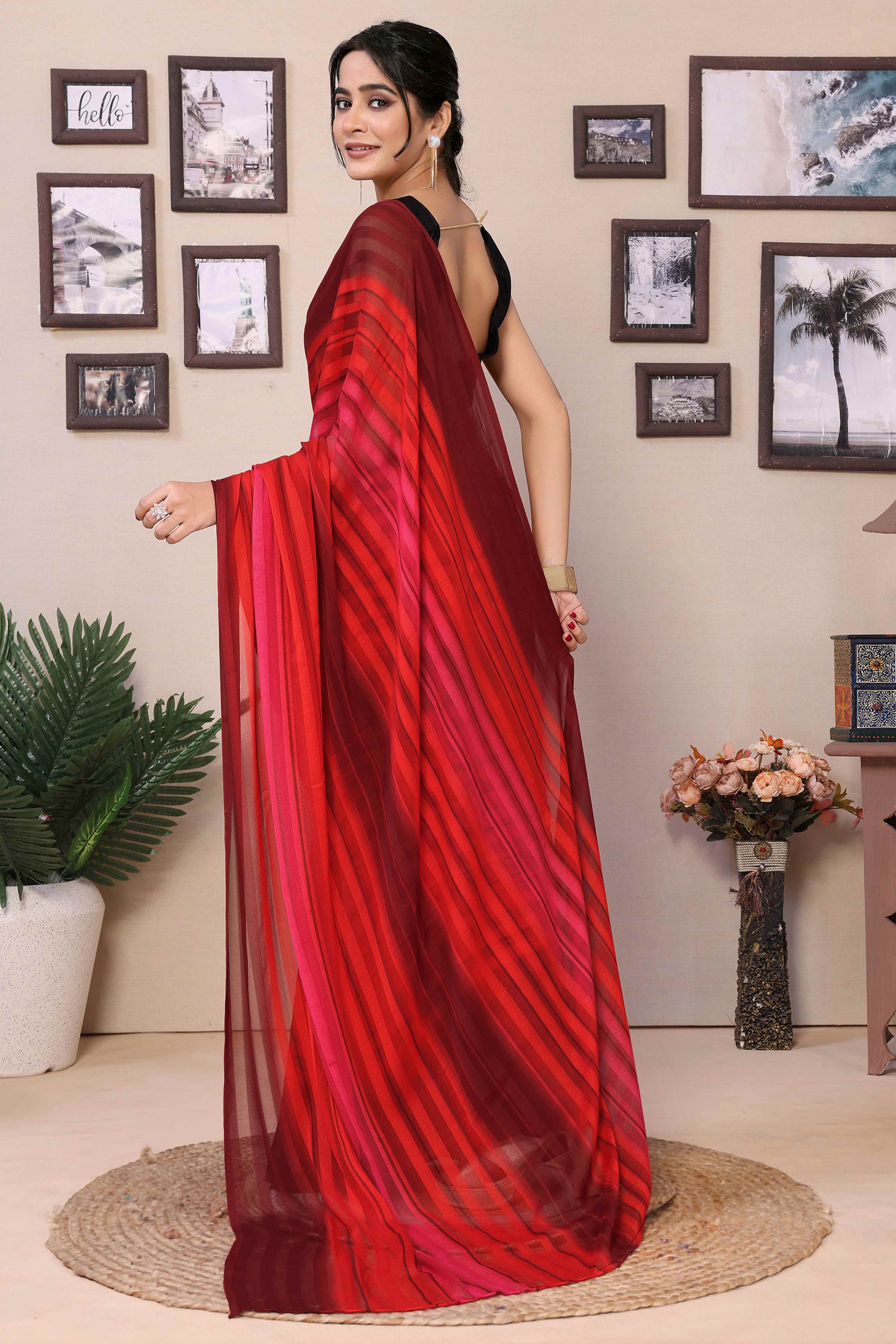 Red Striped Printed Georgette Satin Patta Ready To Wear Saree