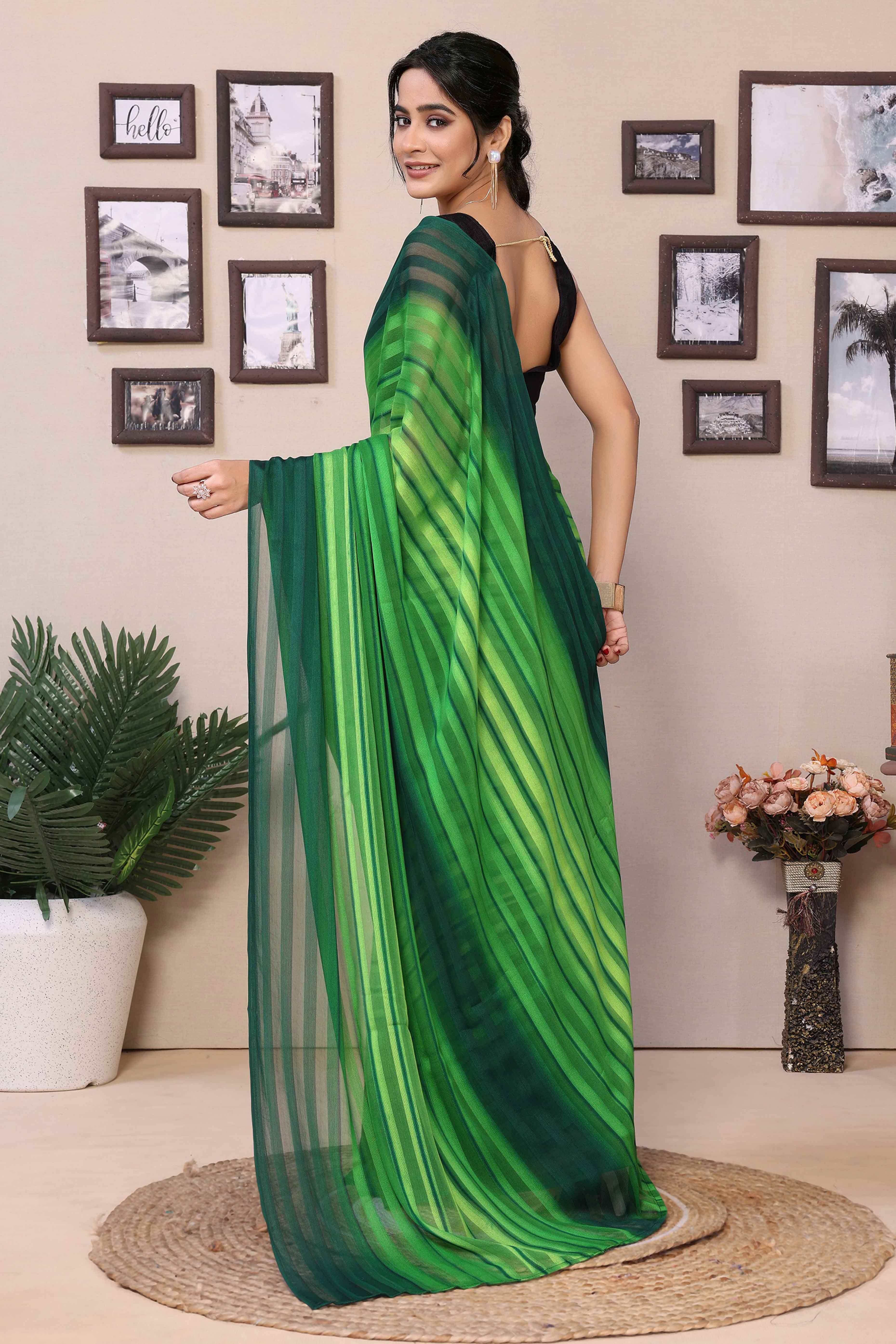 Green Striped Printed Georgette Satin Patta Ready To Wear Saree