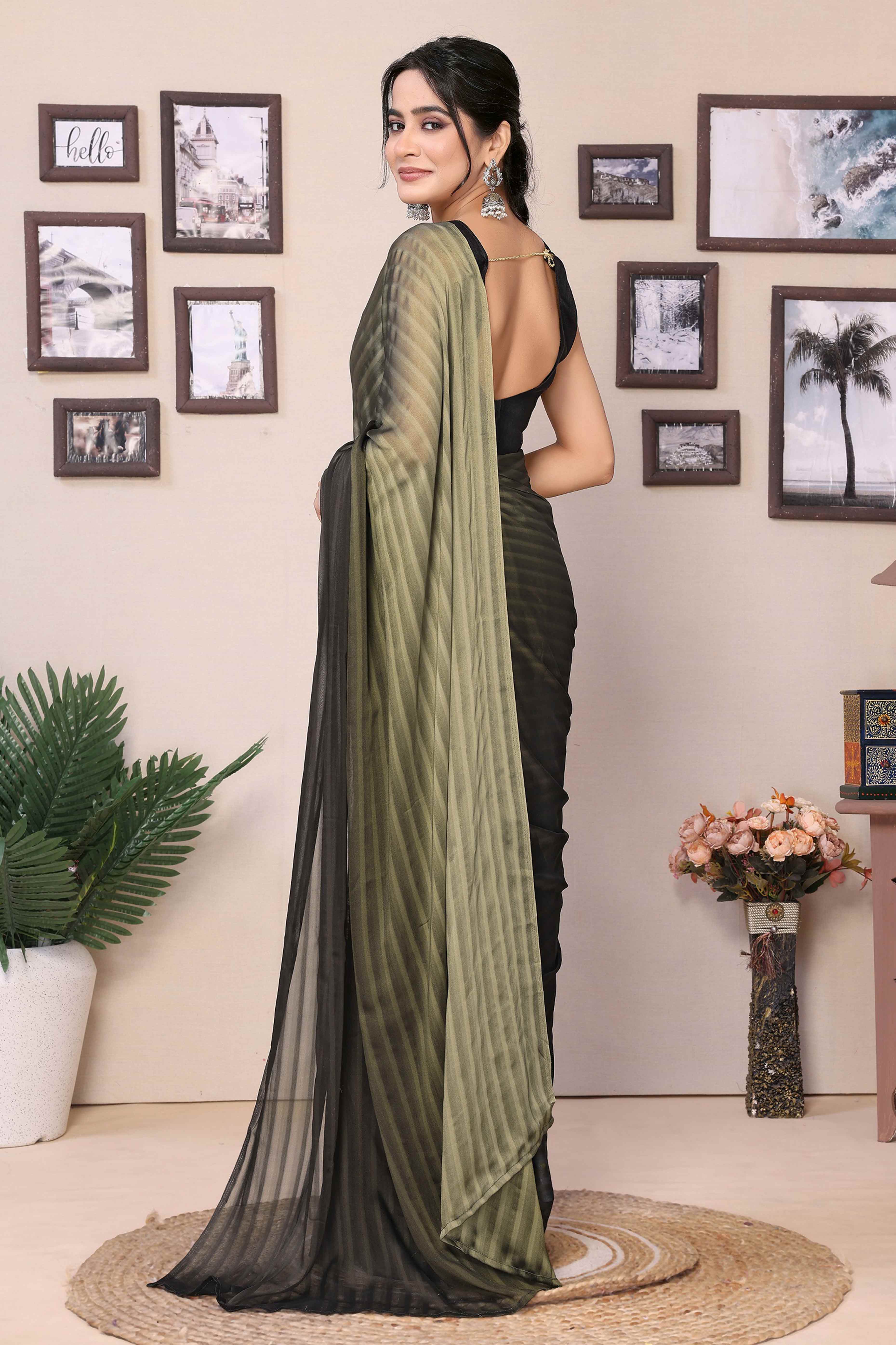 Olive & Black Striped Printed Georgette Satin Patta Ready To Wear Saree