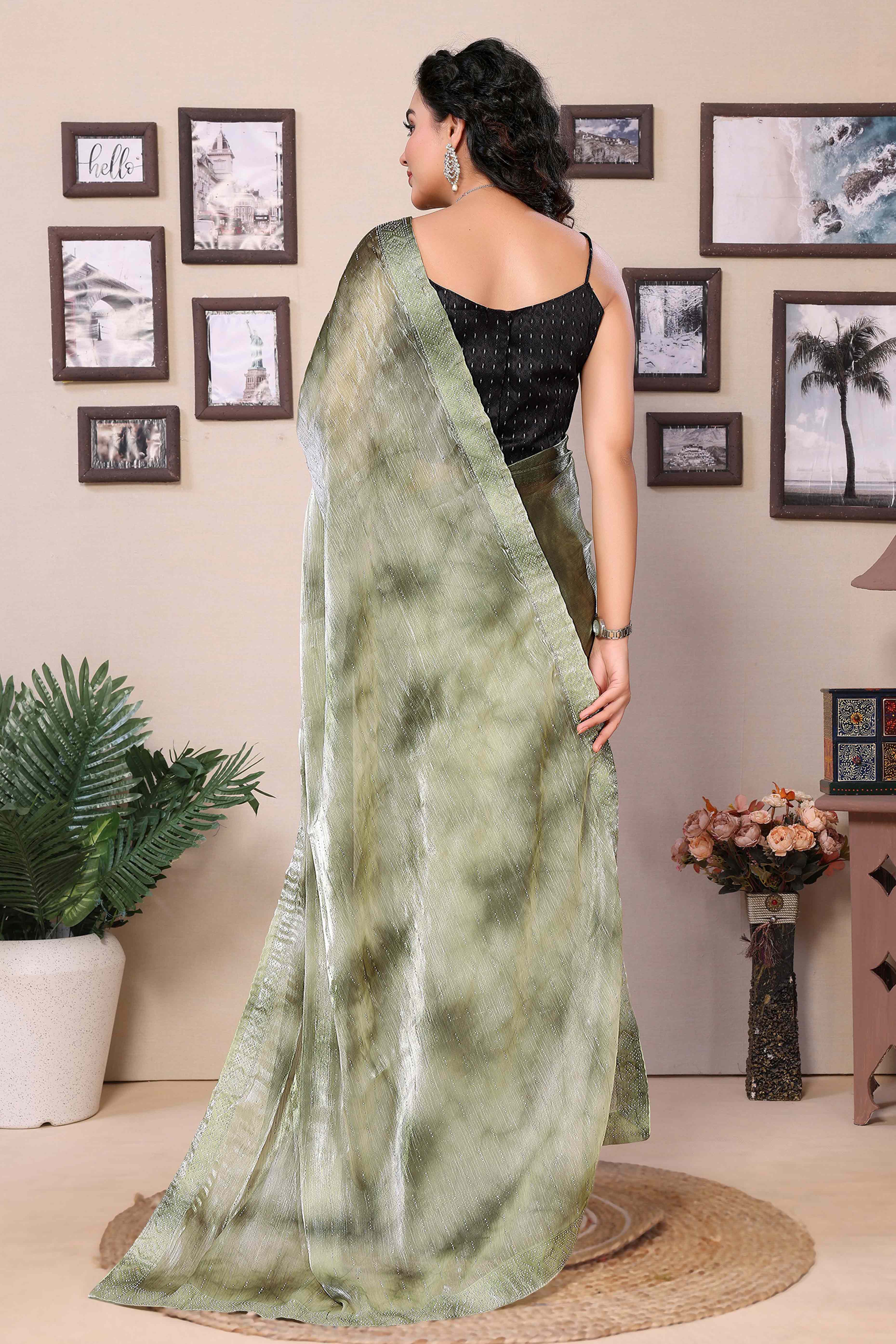 Green Printed With Diamond Work Zimmi Choo Organza Ready To Wear Saree