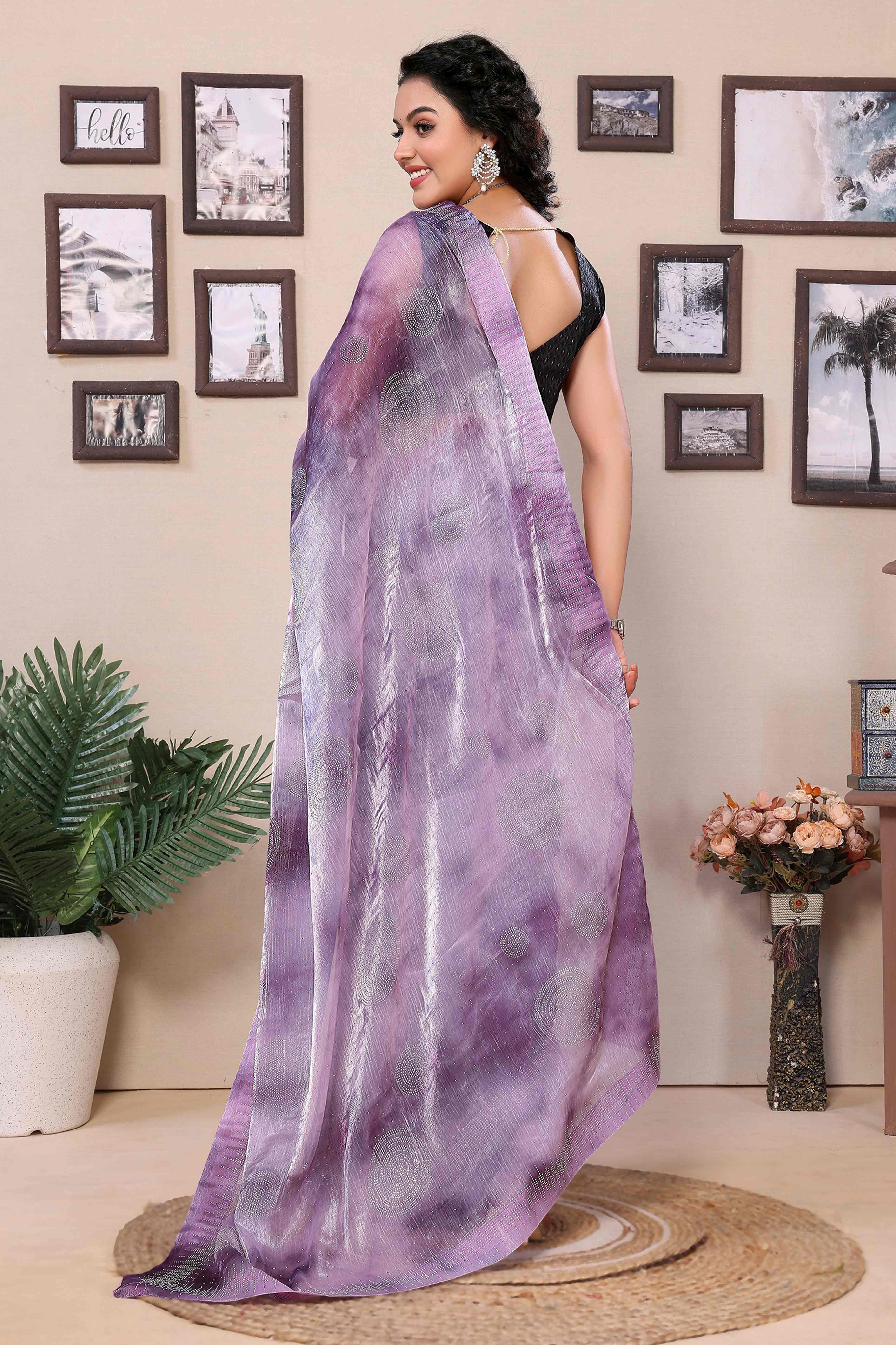 Purple Printed With Diamond Work Zimmi Choo Organza Ready To Wear Saree