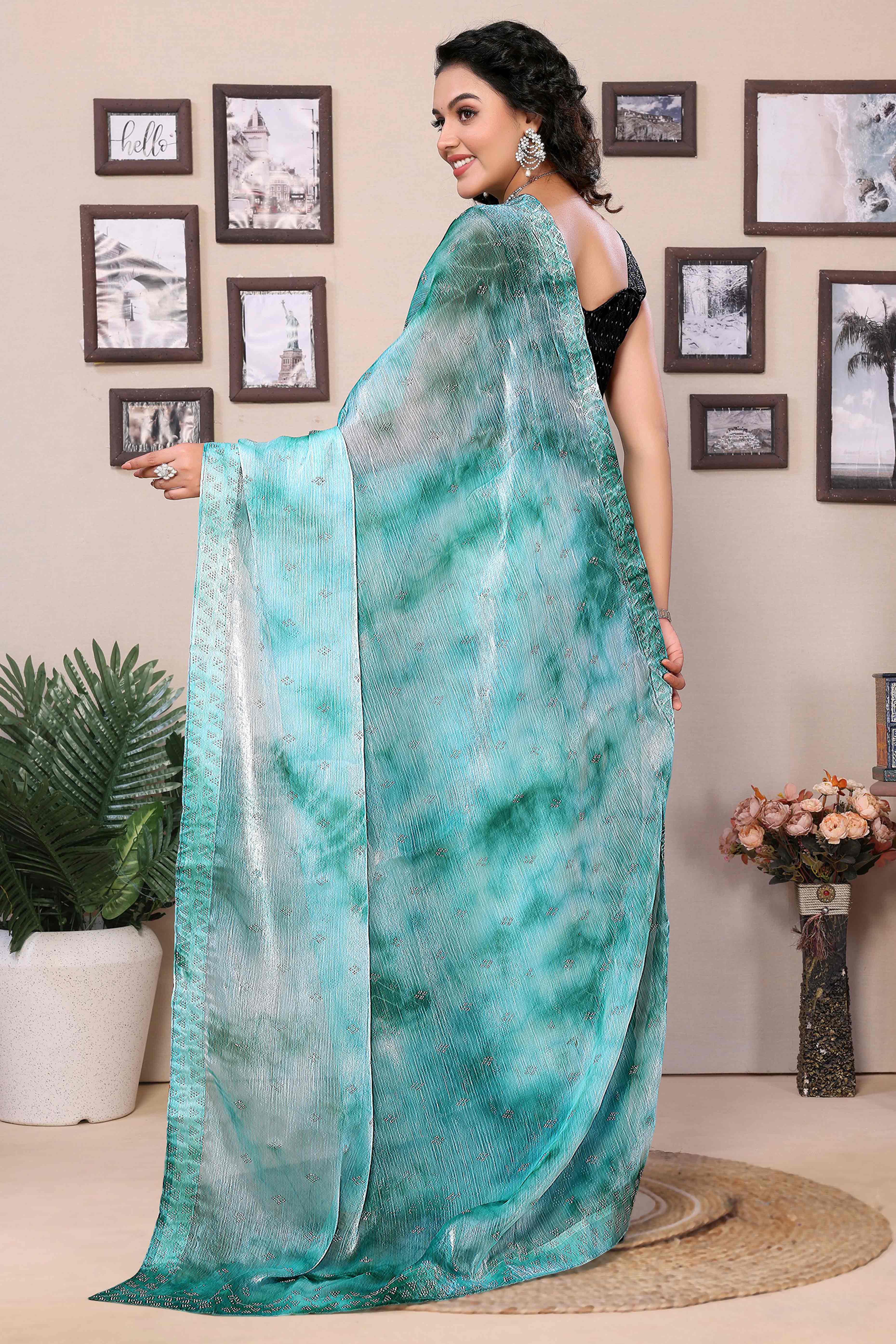 Aqua Blue Printed With Diamond Work Zimmi Choo Organza Ready To Wear Saree