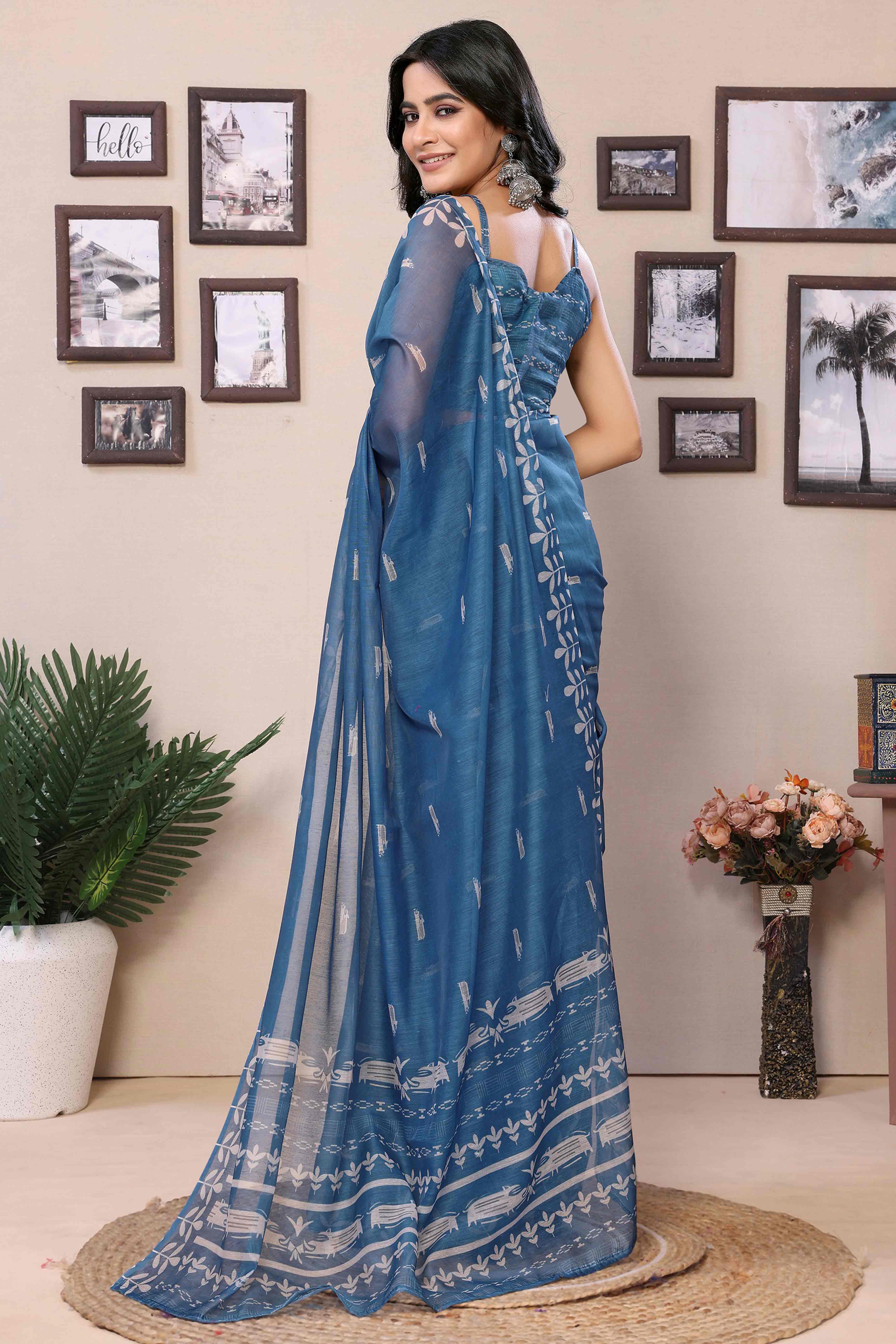 Blue Digital Printed Cotton Blend Ready To Wear Saree
