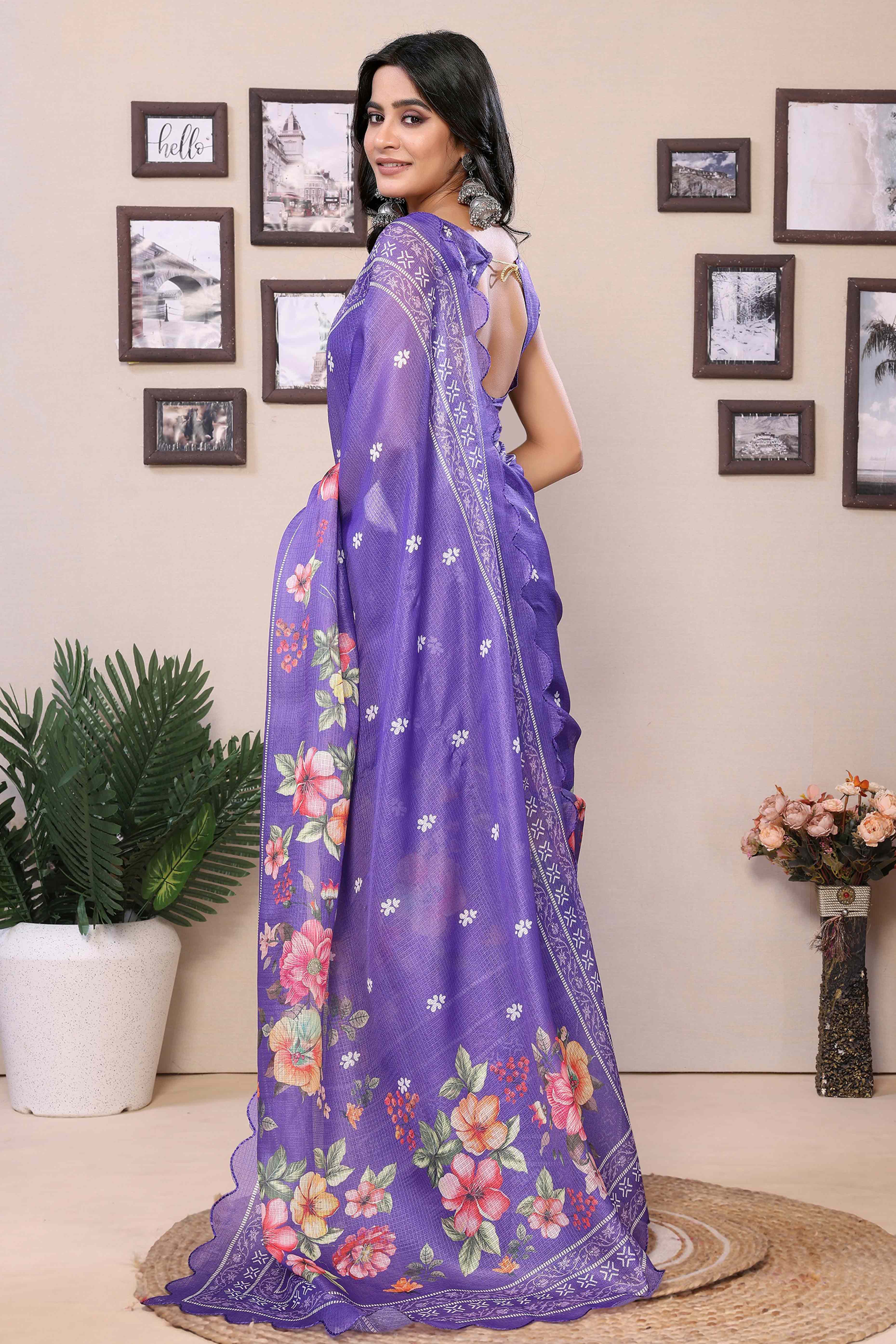 Purple Floral Digital Printed Kota Doria Ready To Wear Saree