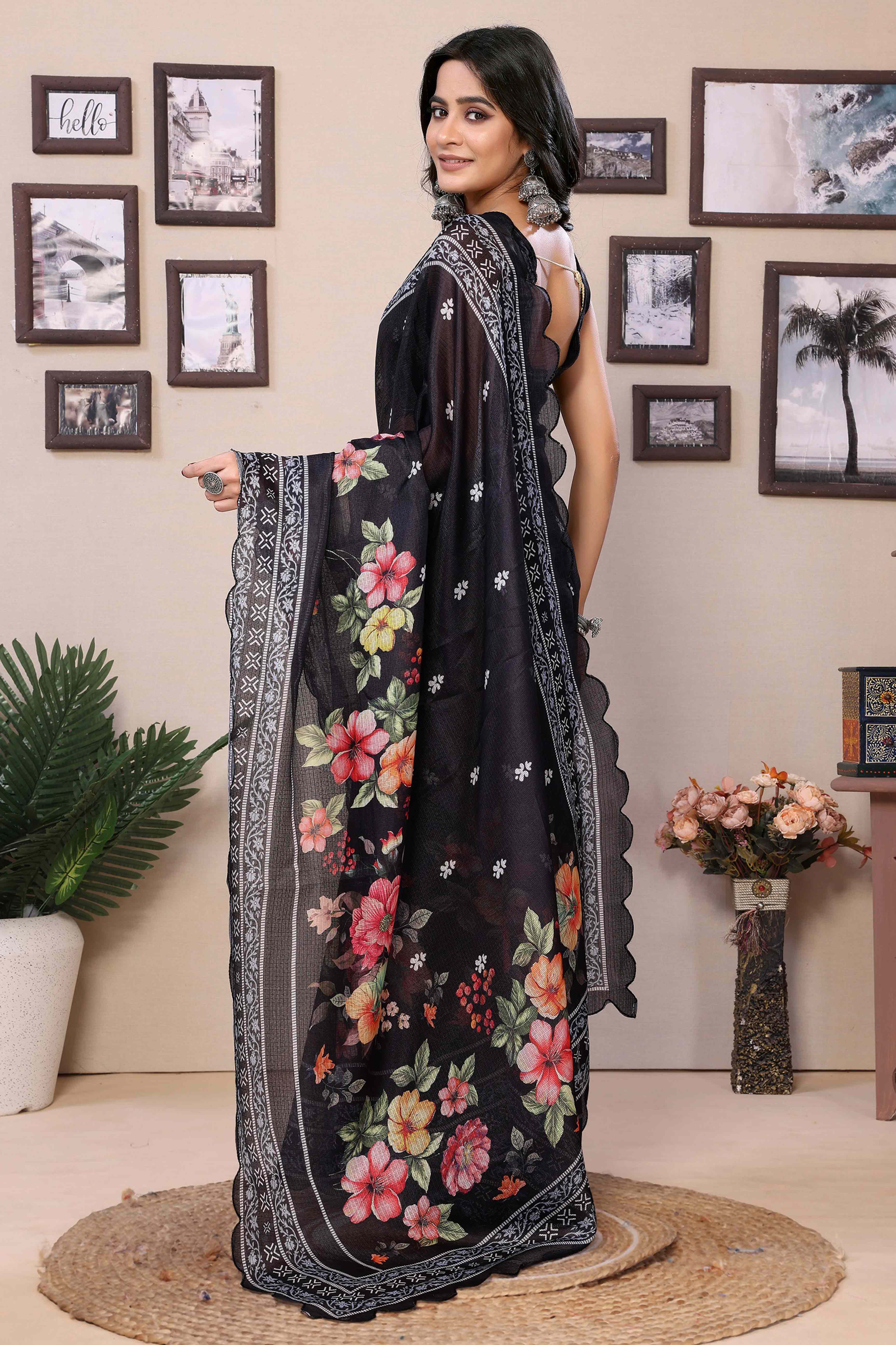 Black Floral Digital Printed Kota Doria Ready To Wear Saree