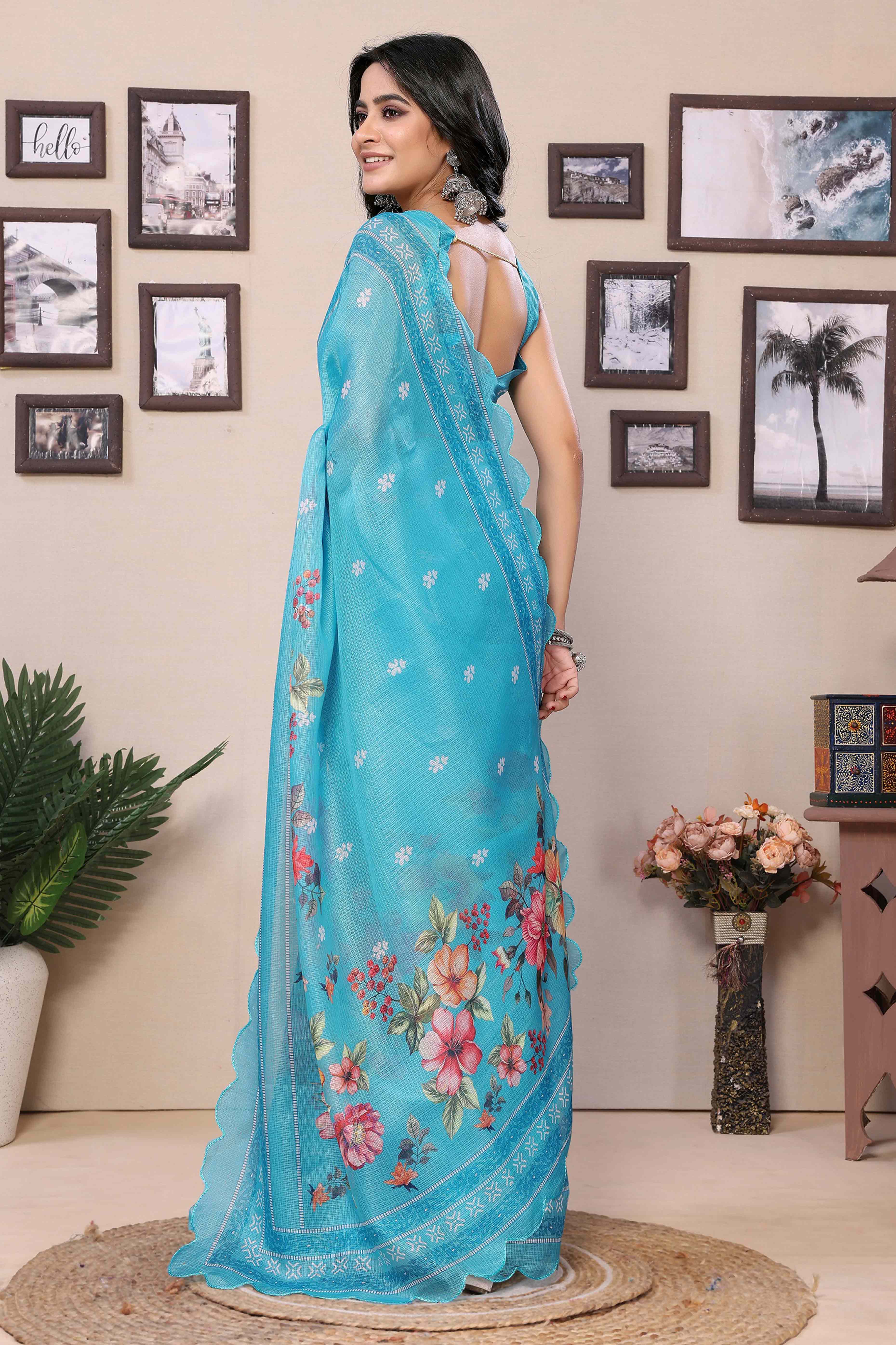 Blue Floral Digital Printed Kota Doria Ready To Wear Saree