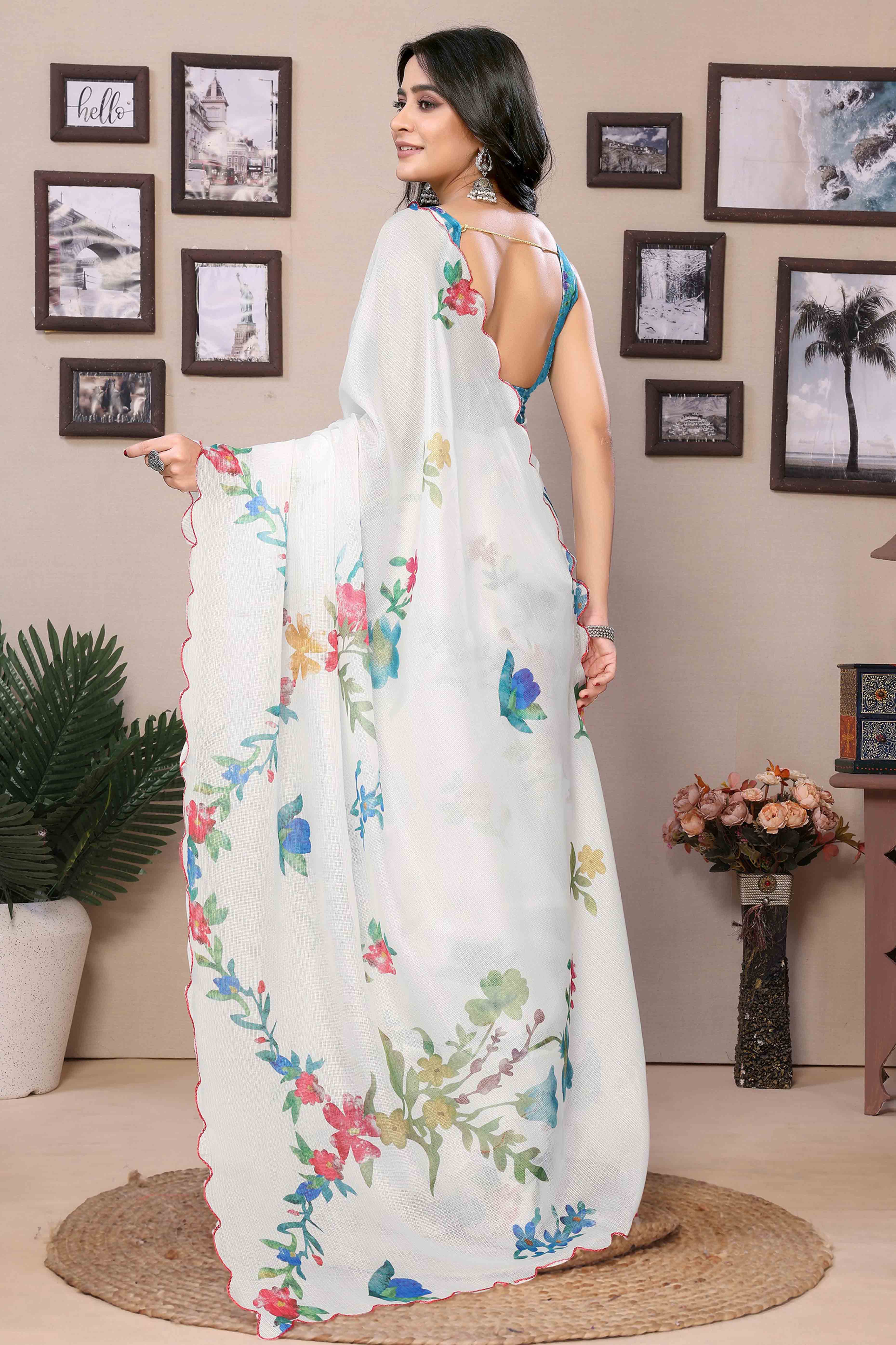 White Floral Digital Printed Kota Doria Ready To Wear Saree