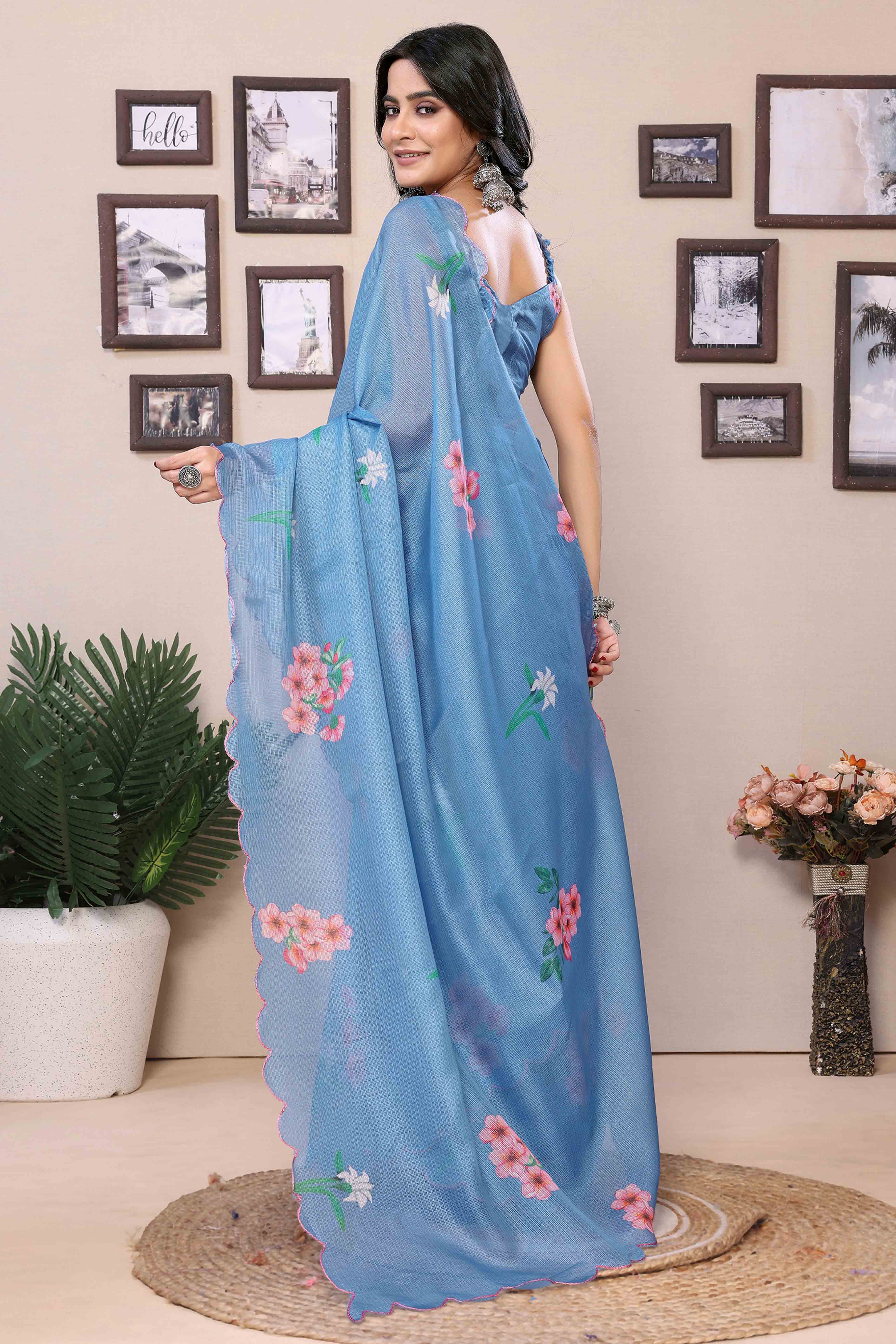 Blue Floral Digital Printed Kota Doria Ready To Wear Saree