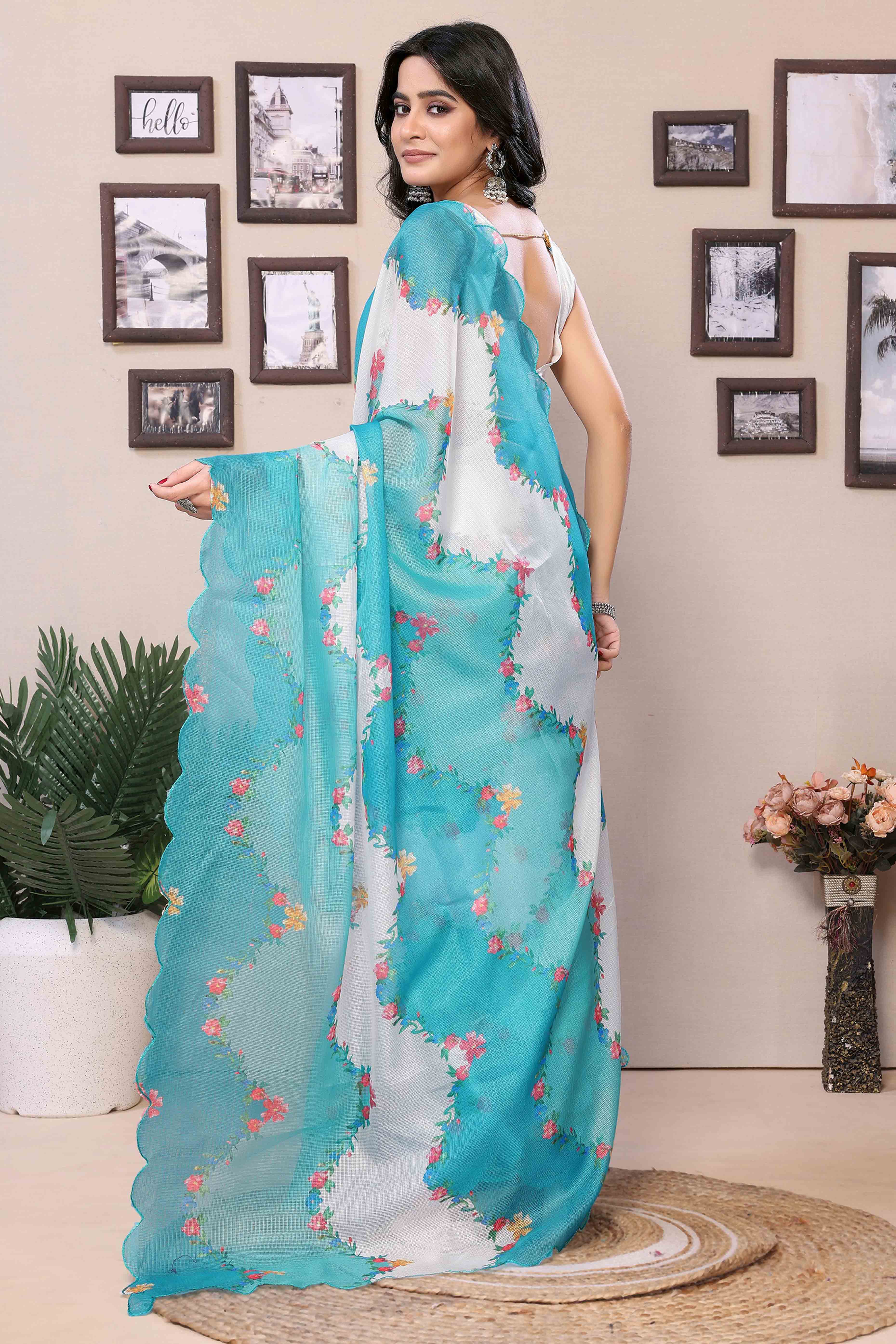 Blue & White Floral Digital Printed Kota Doria Ready To Wear Saree