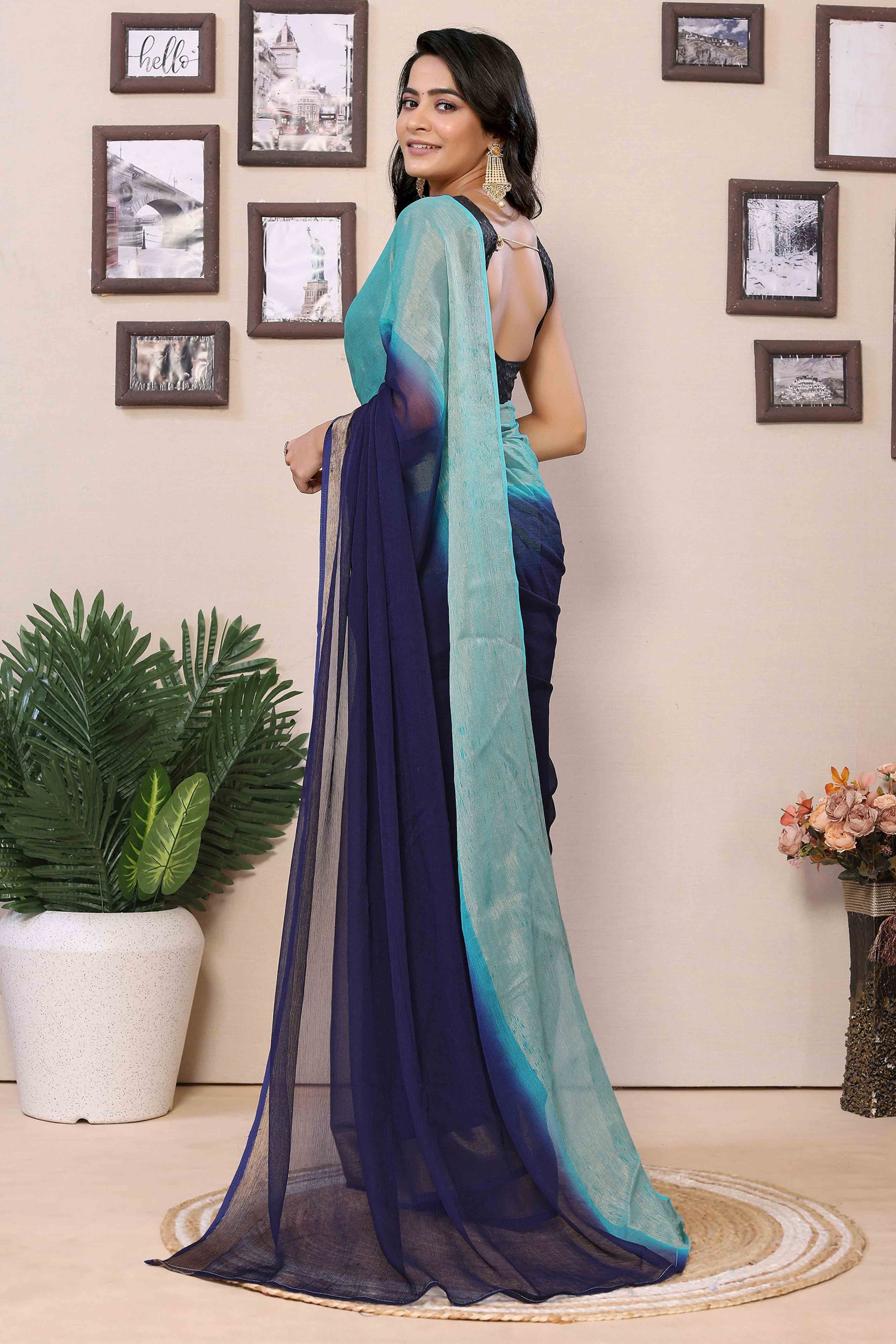 Navy Blue & Turquoise Solid With Zari Woven Border Chiffon Ready To Wear Ombre Saree