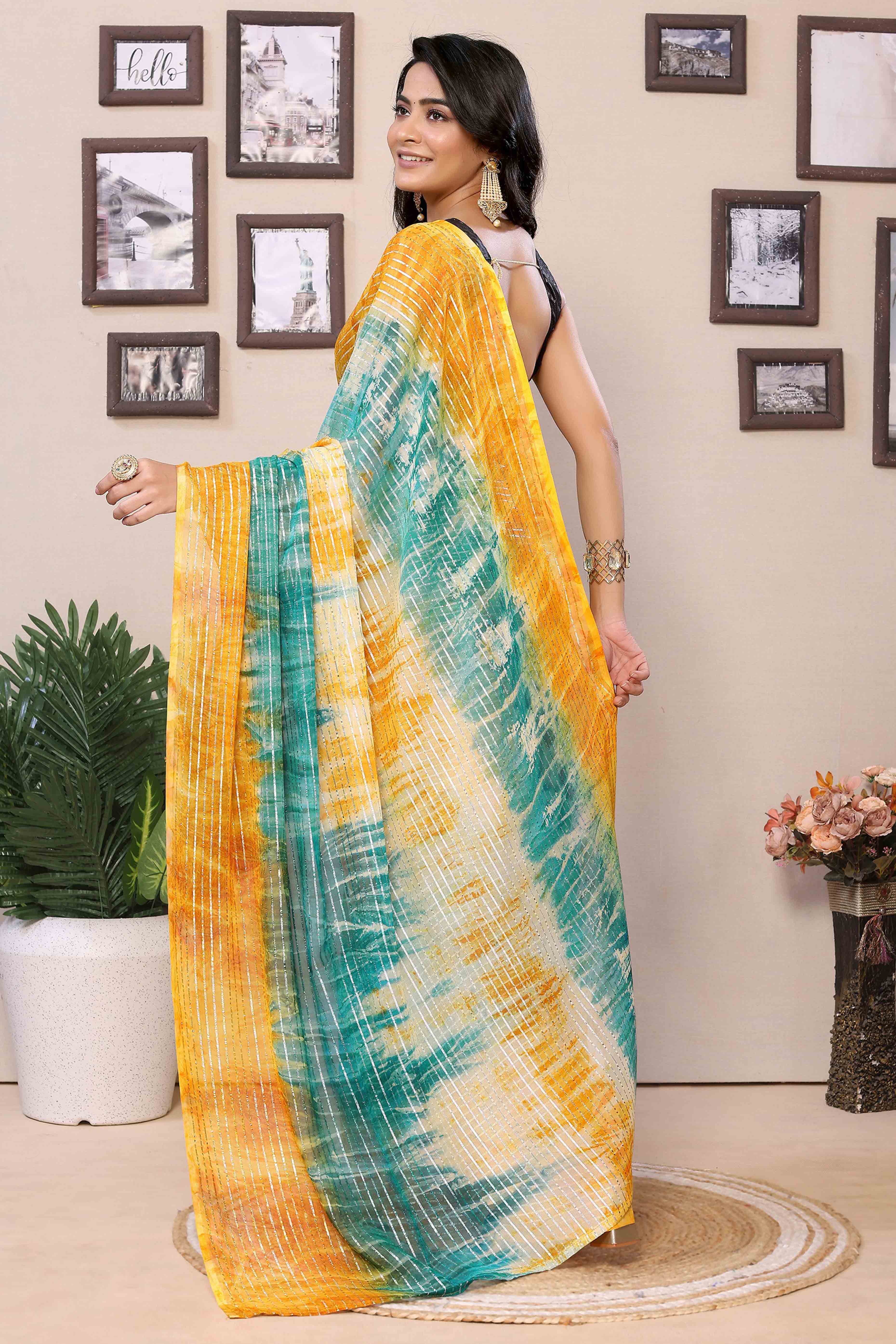 Yellow & Blue Striped Zari With Digital Printed Georgette Ready To Wear Saree