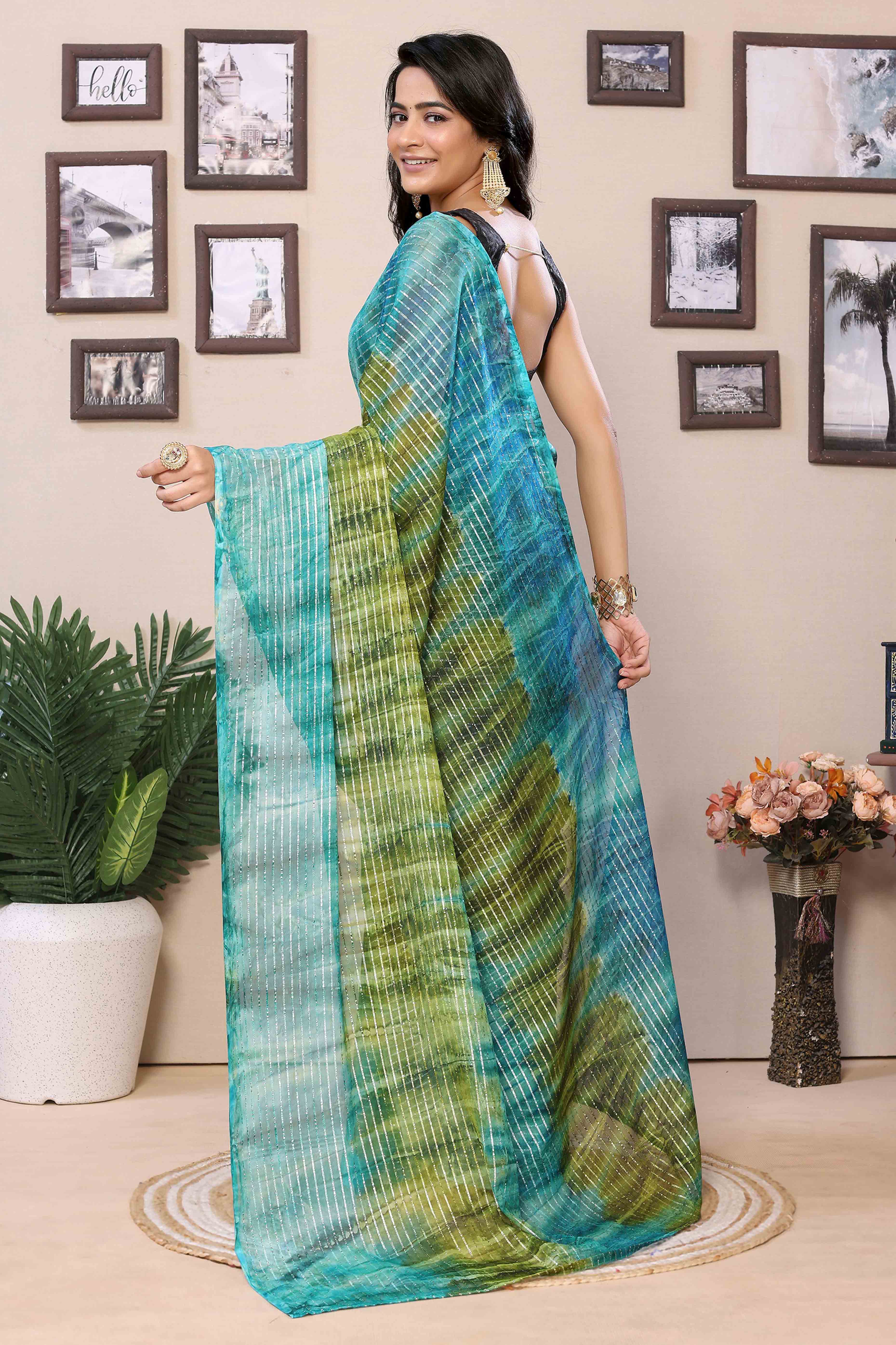 Blue & Green Striped Zari With Digital Printed Georgette Ready To Wear Saree