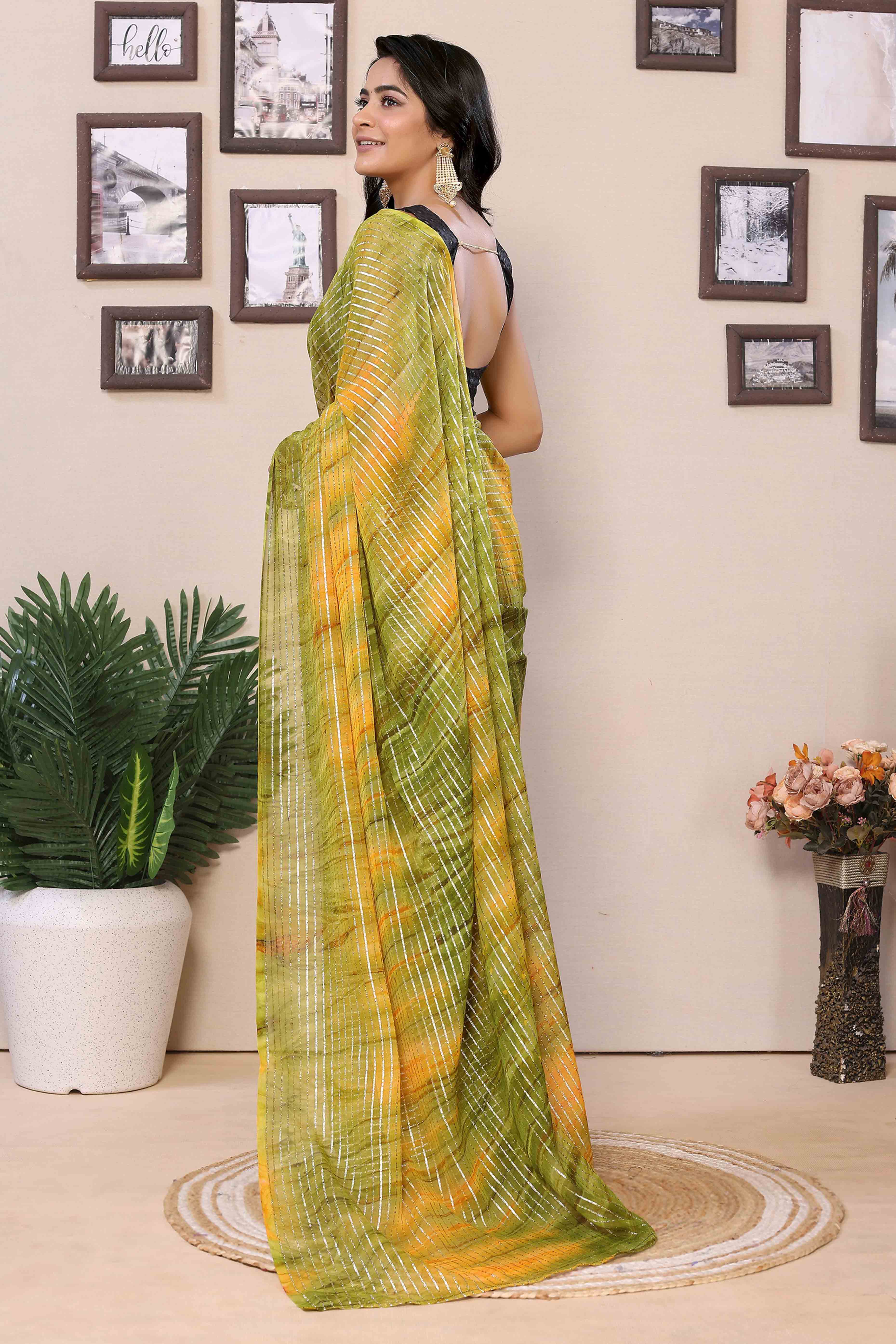 Yellow & Green Striped Zari With Digital Printed Georgette Ready To Wear Saree