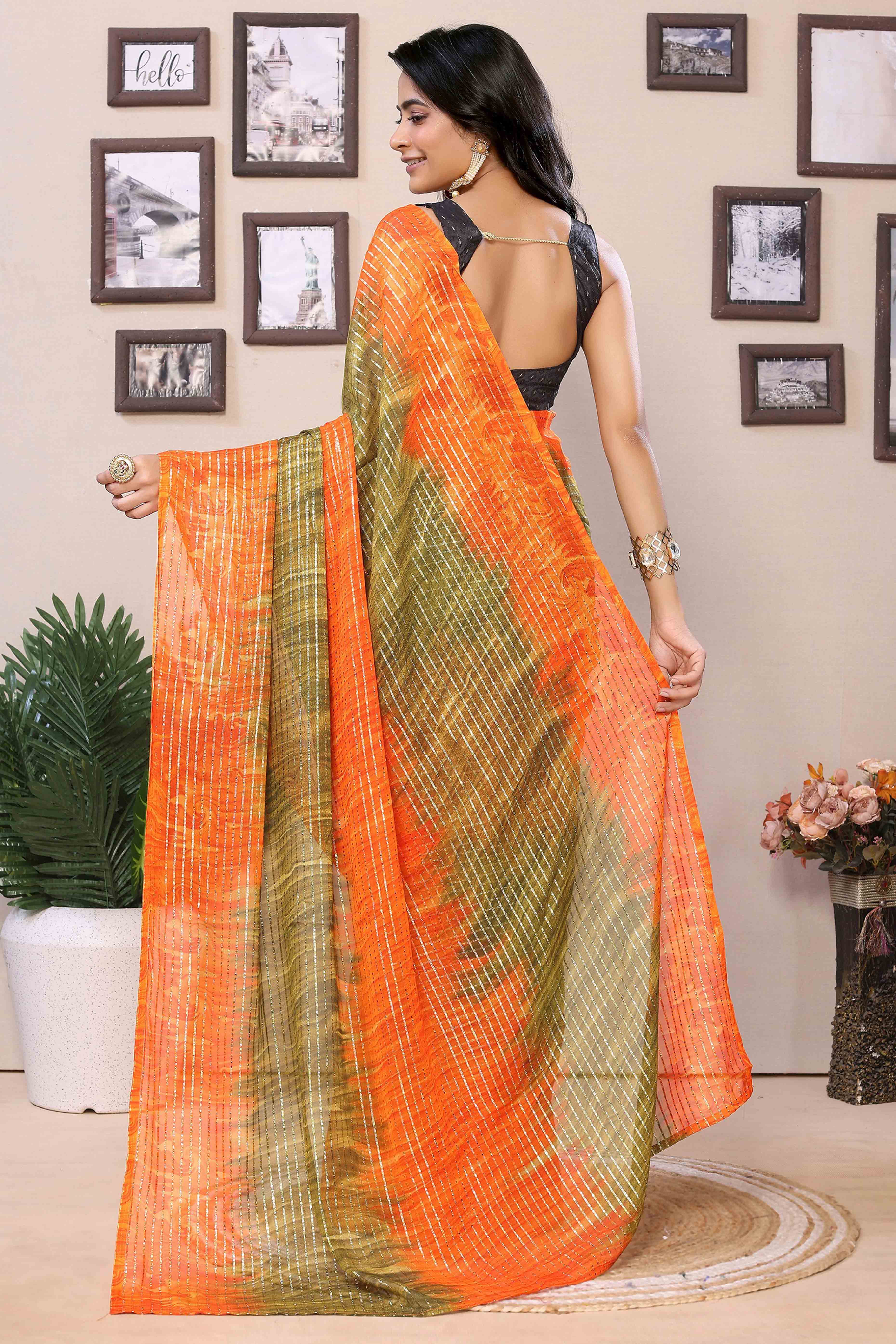 Orange & Green Striped Zari With Digital Printed Georgette Ready To Wear Saree