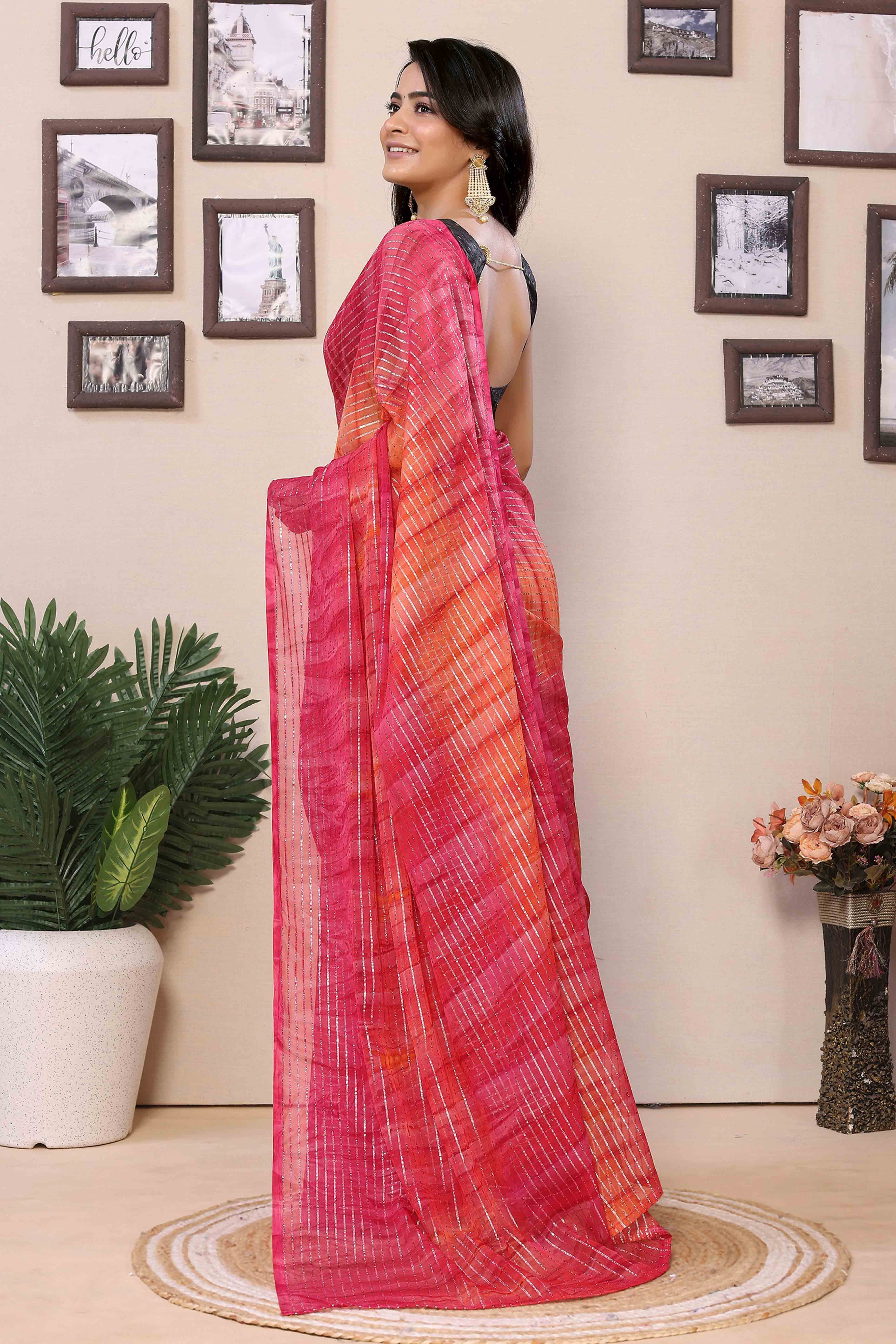 Magenta & Orange Striped Zari With Digital Printed Georgette Ready To Wear Saree