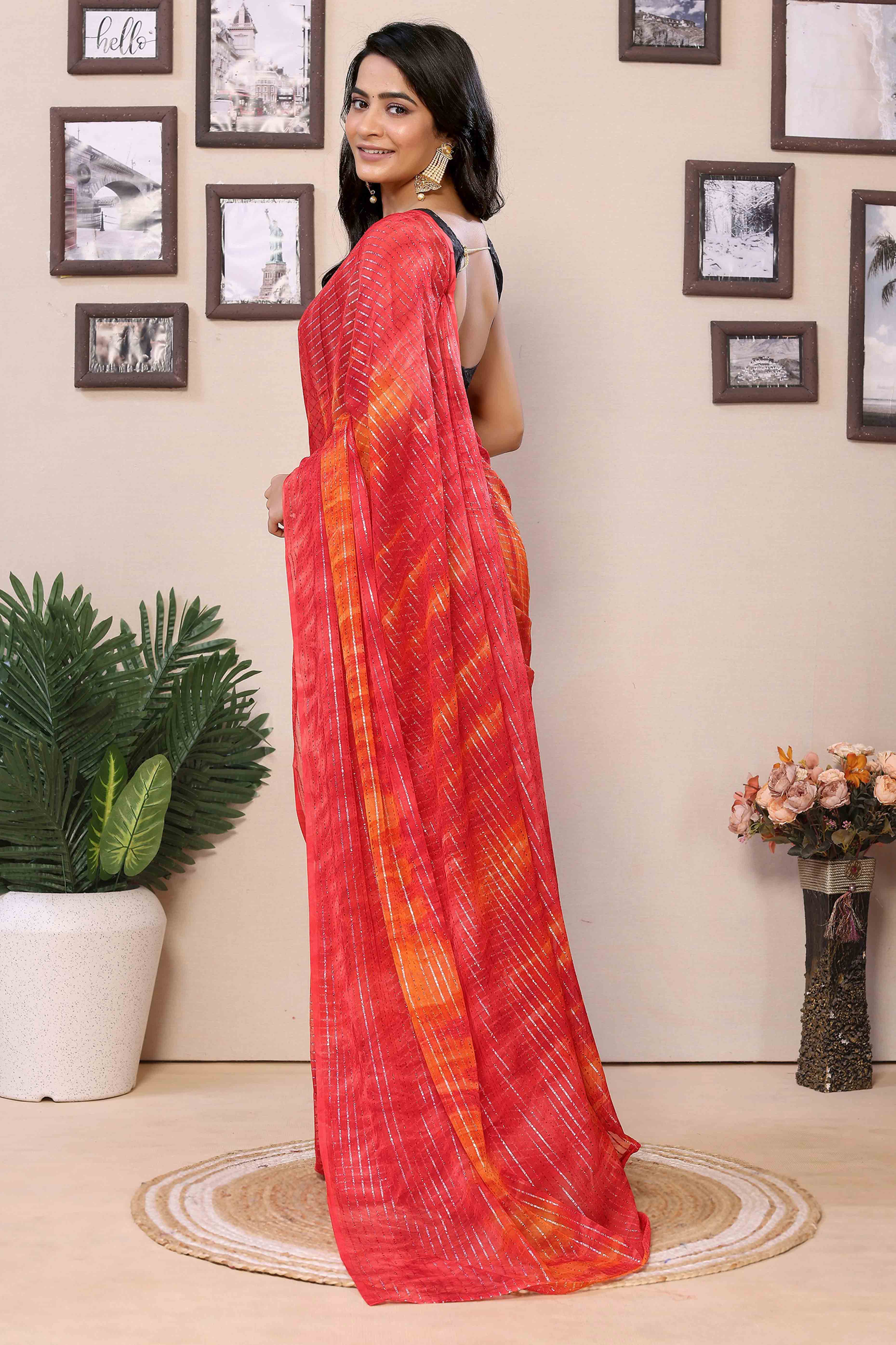 Pink & Orange Striped Zari With Digital Printed Georgette Ready To Wear Saree