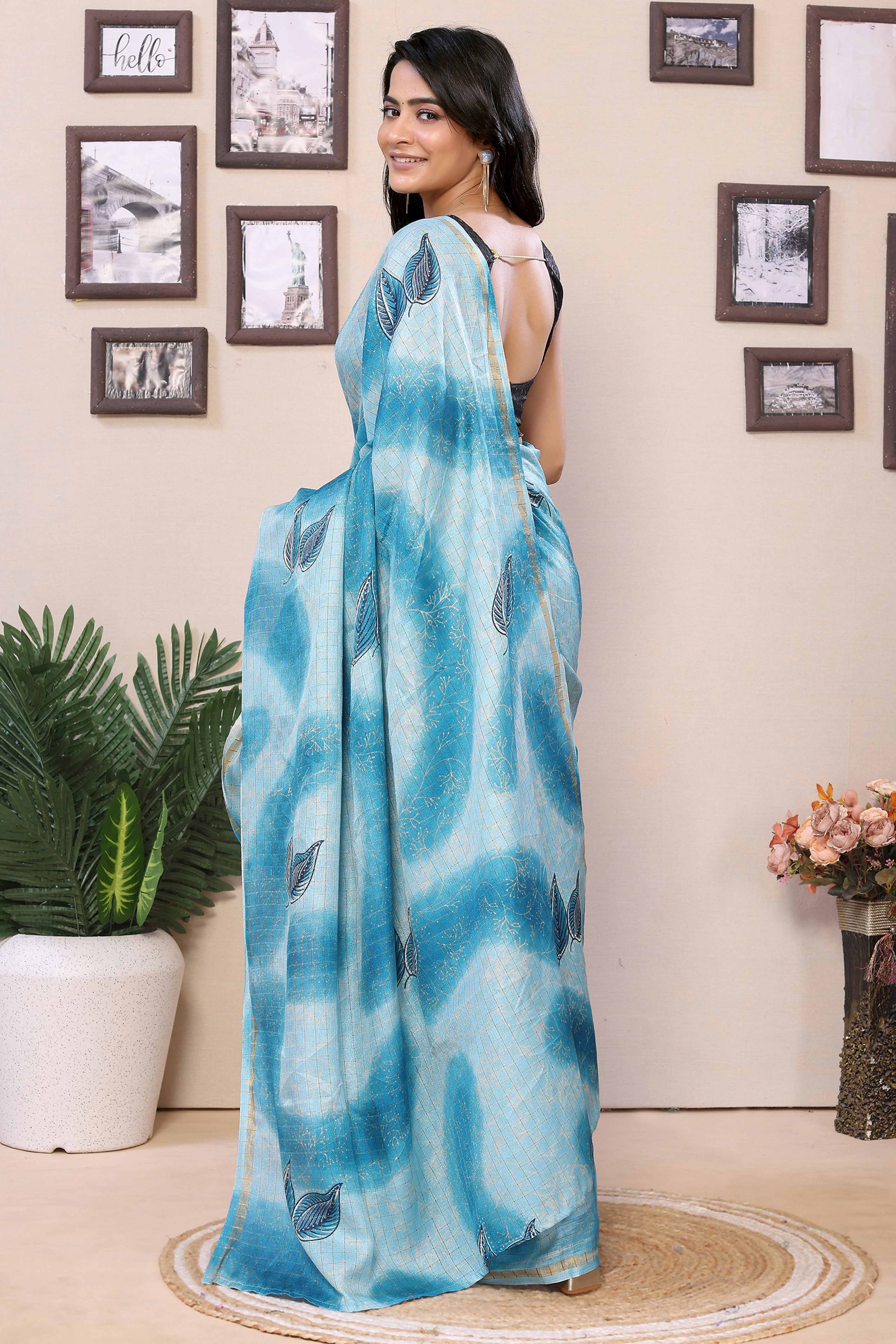 Blue Woven With Printed Silk Ready To Wear Saree