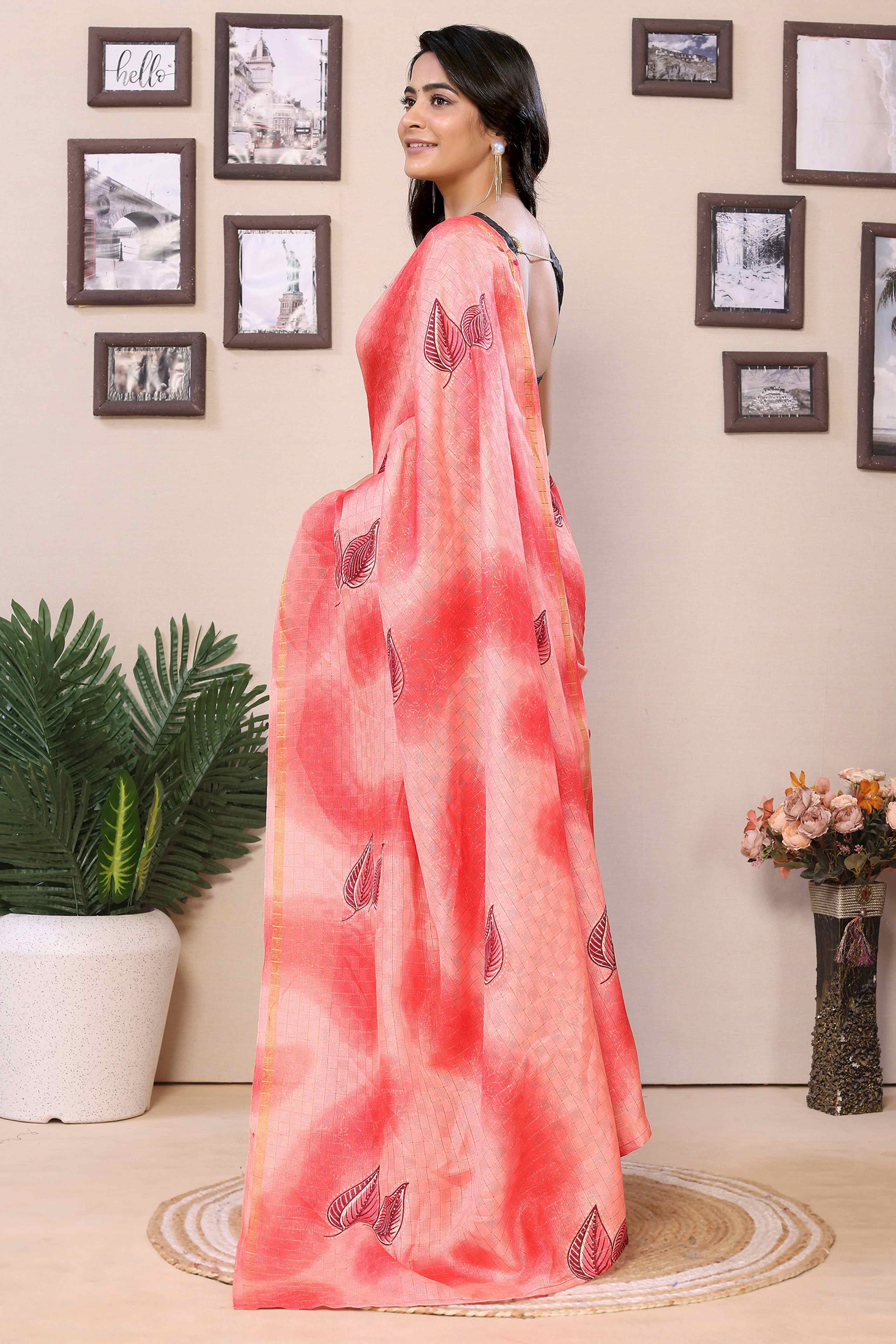 Peach & Red Woven With Printed Silk Ready To Wear Saree