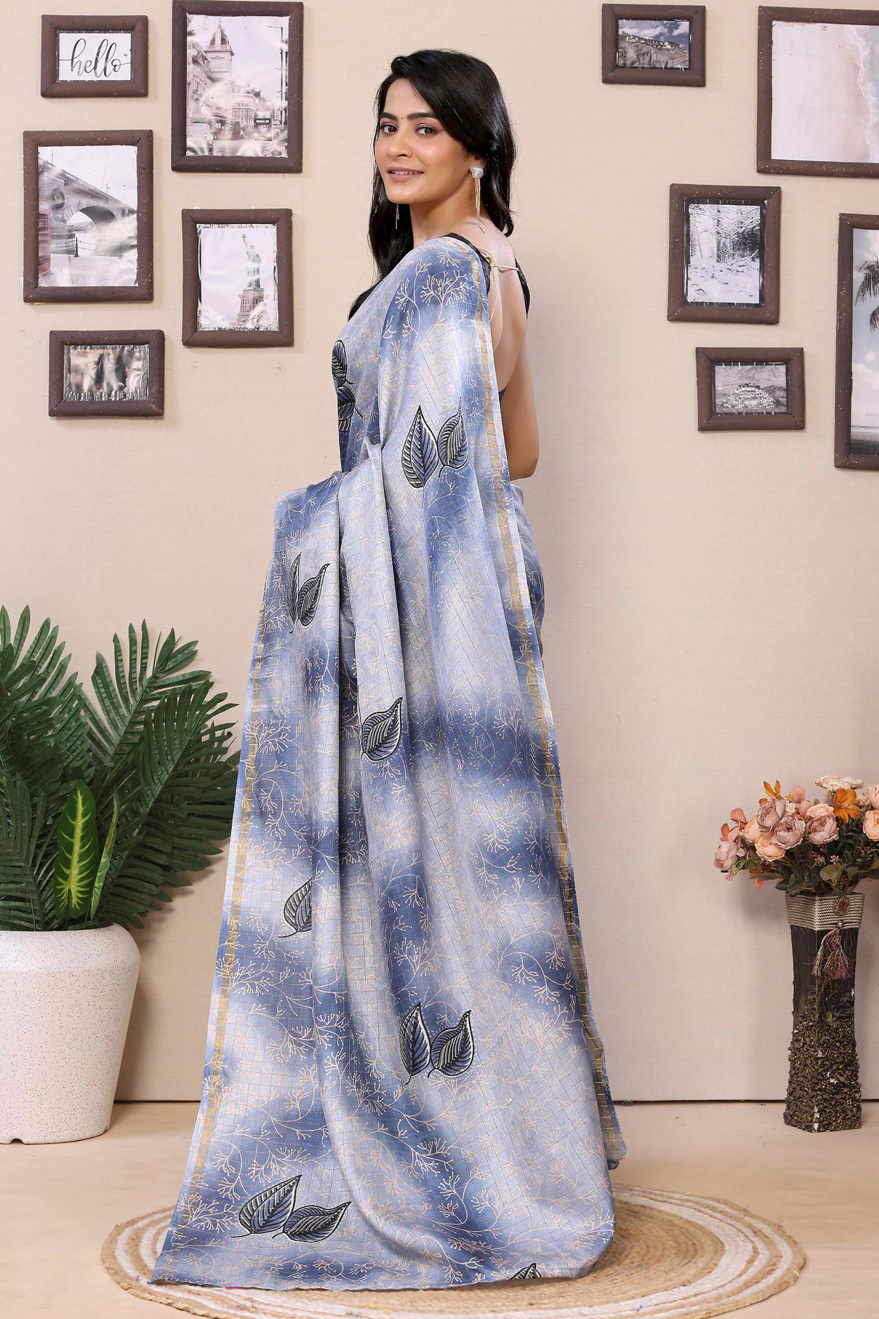 Navy Blue Woven With Printed Silk Ready To Wear Saree