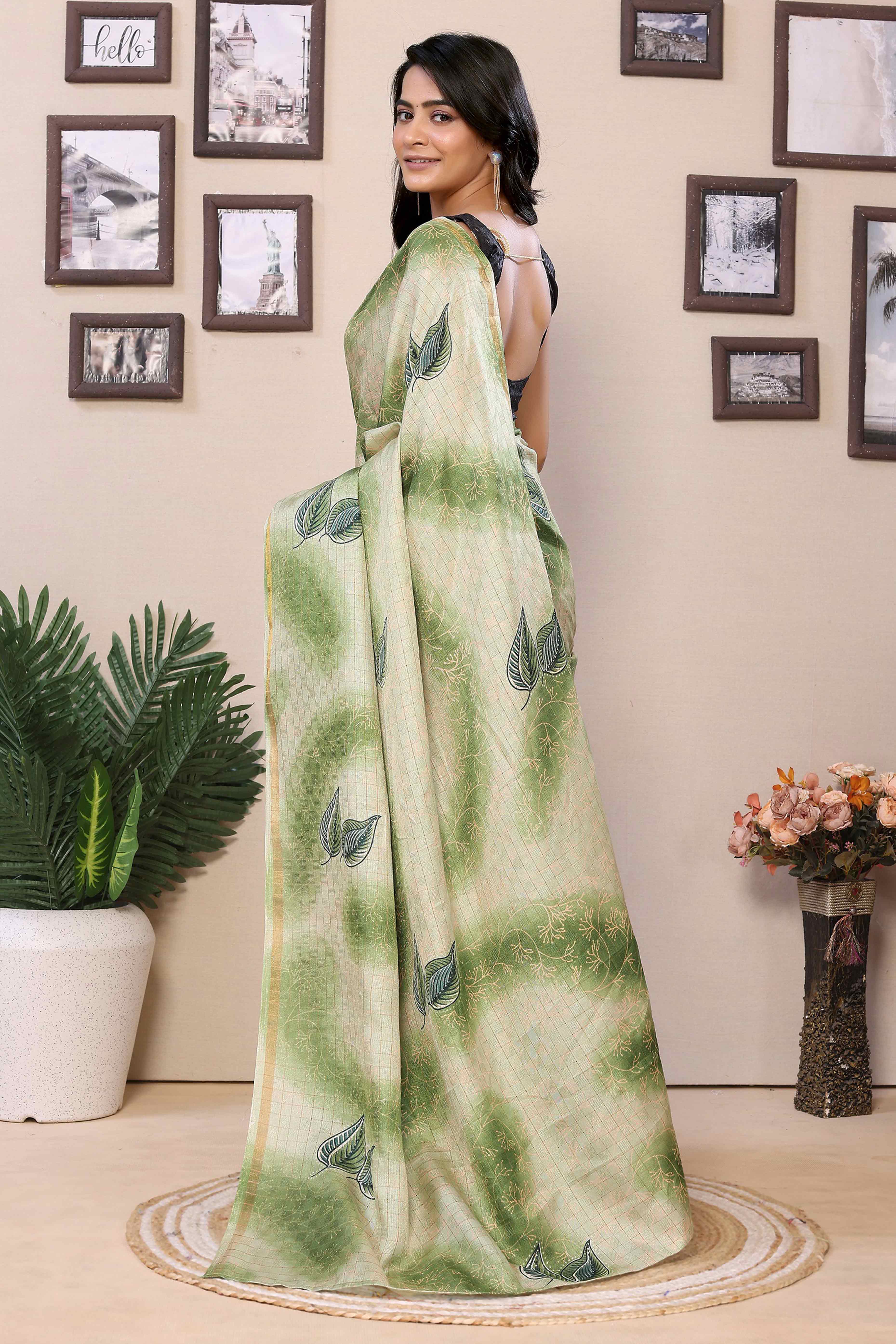 Green Woven With Printed Silk Ready To Wear Saree