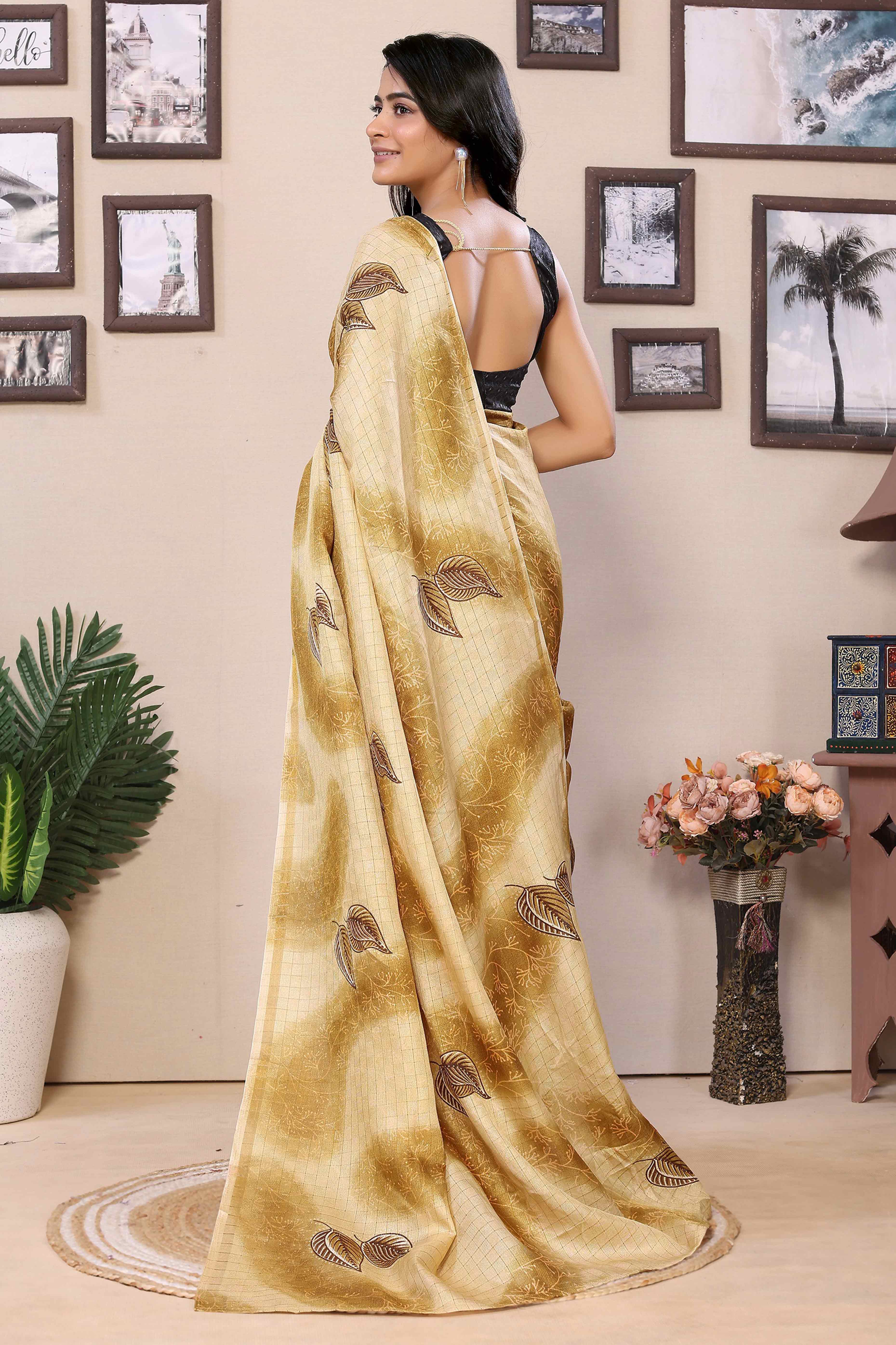 Mustard Woven With Printed Silk Ready To Wear Saree