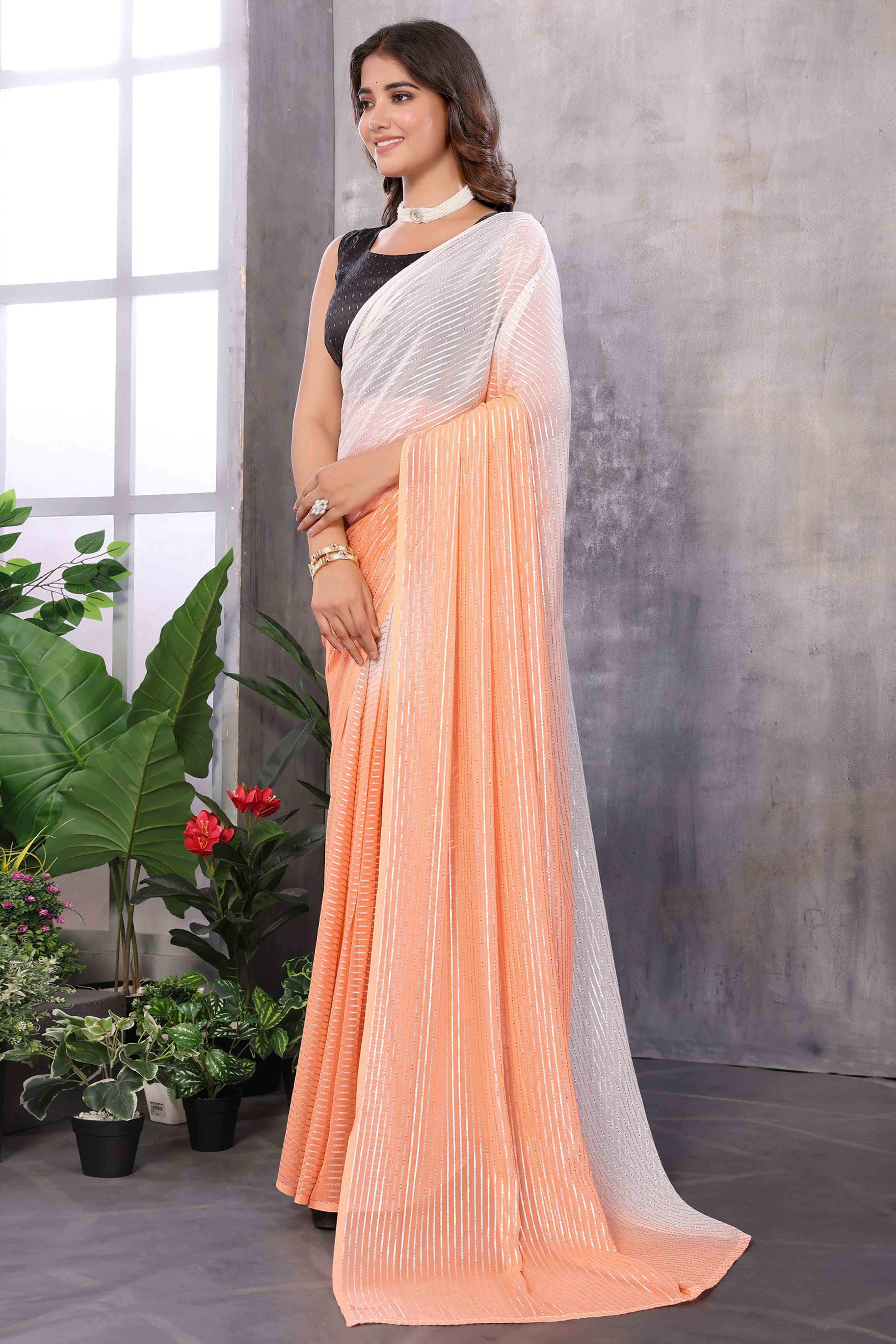 Orange Striped Zari Woven Art Silk Ready To Wear Saree