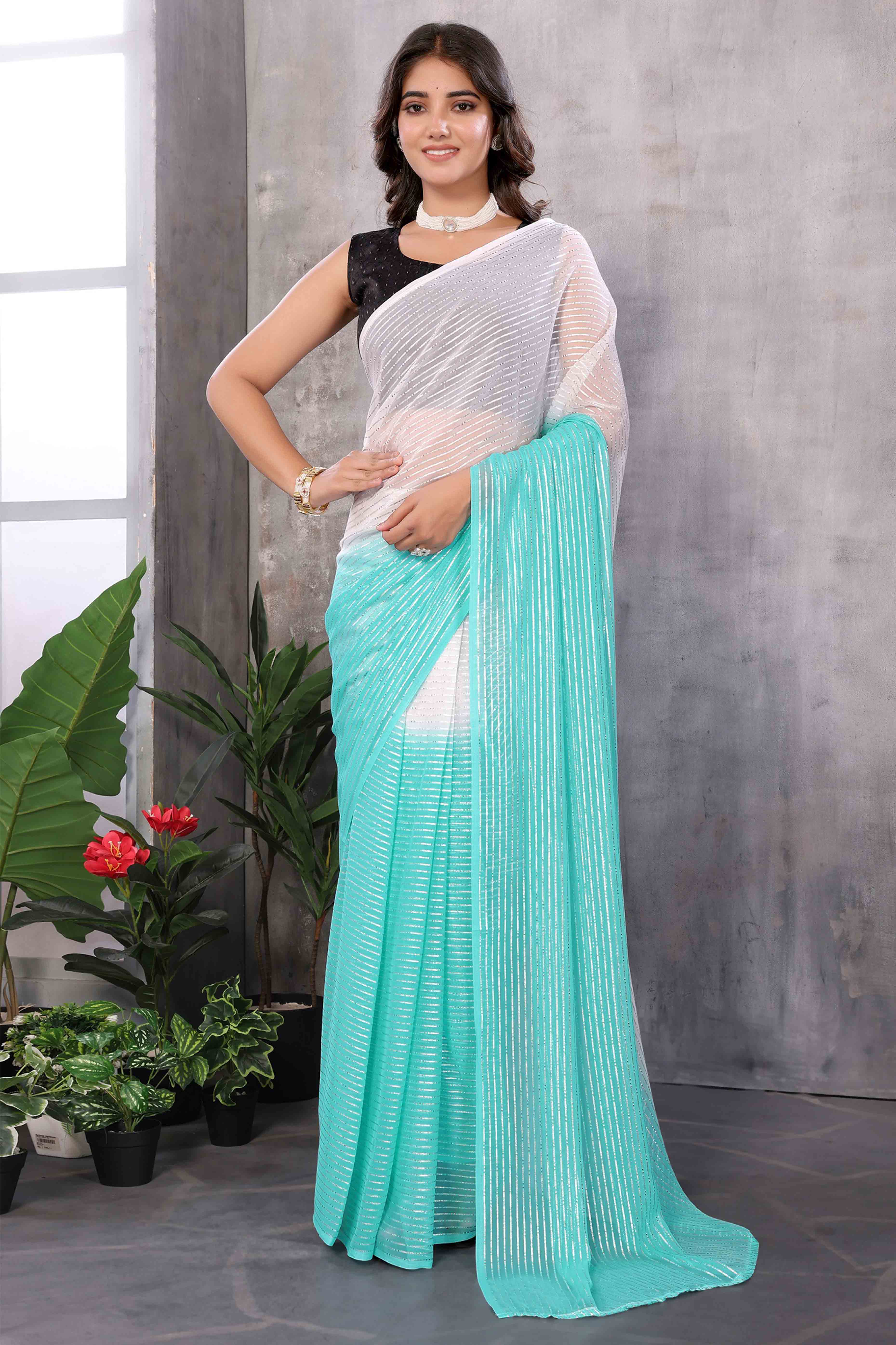 Sky Blue Striped Zari Woven Art Silk Ready To Wear Saree