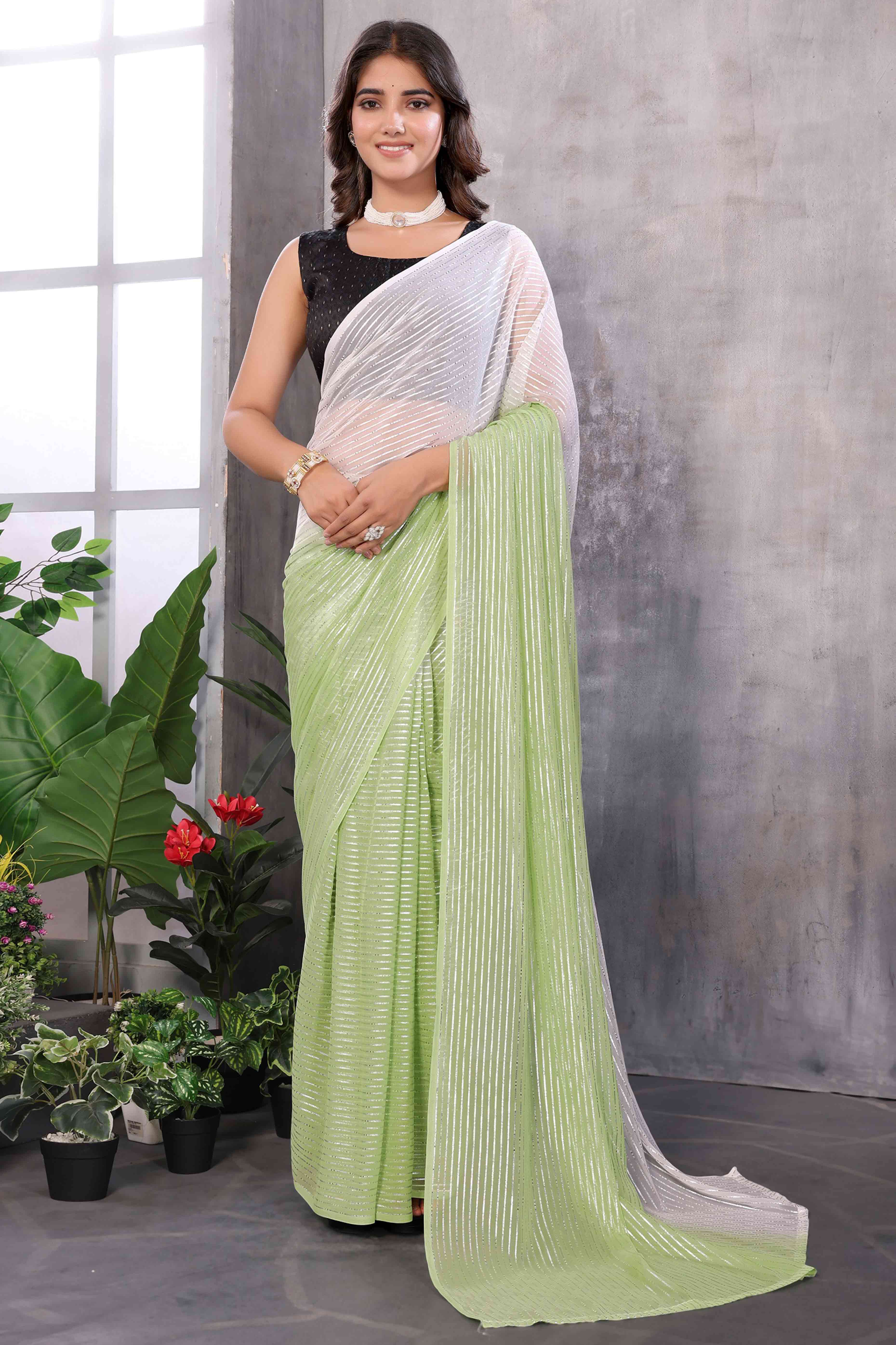 Pista Green Striped Zari Woven Art Silk Ready To Wear Saree