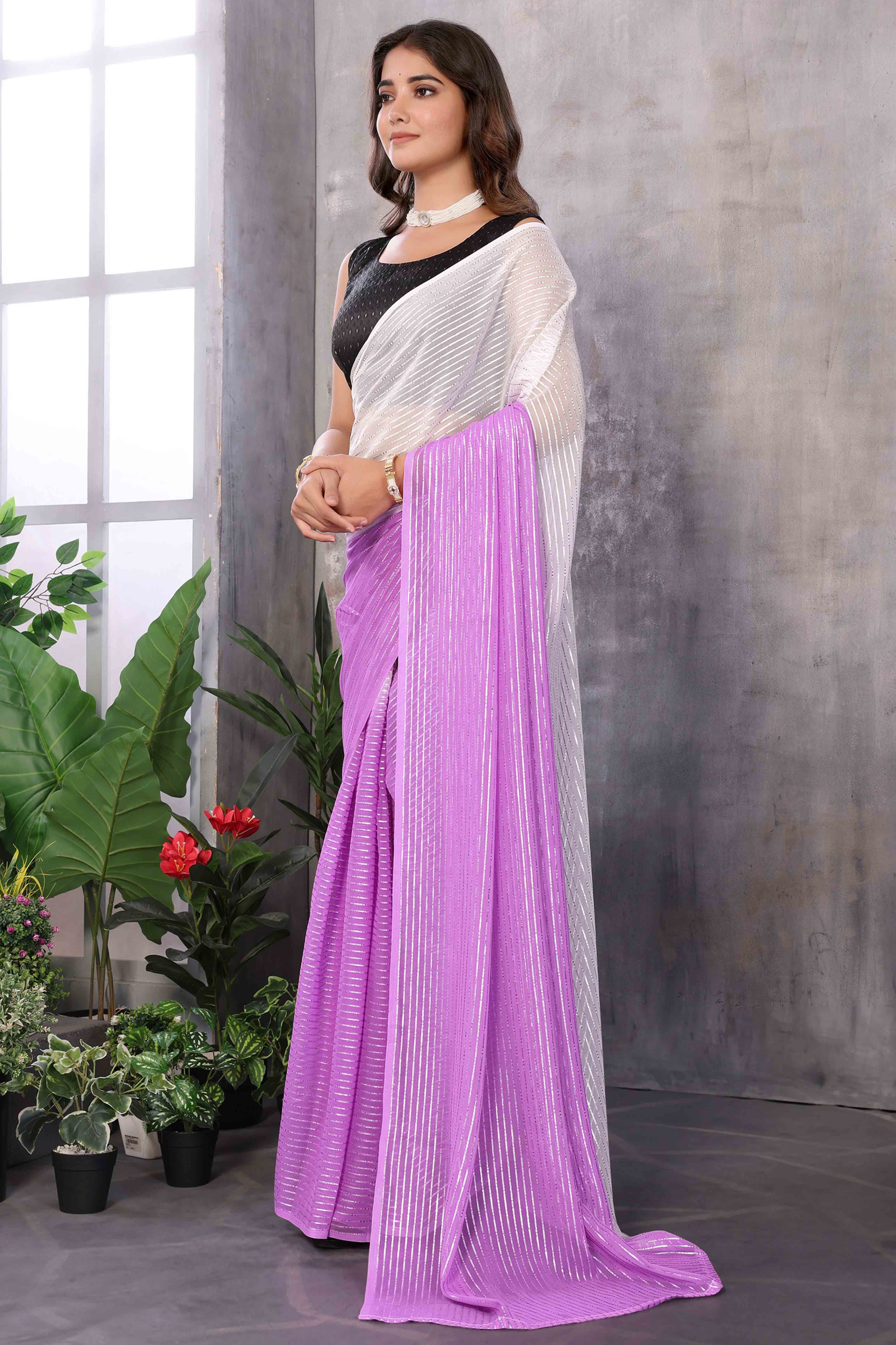 Purple Striped Zari Woven Art Silk Ready To Wear Saree