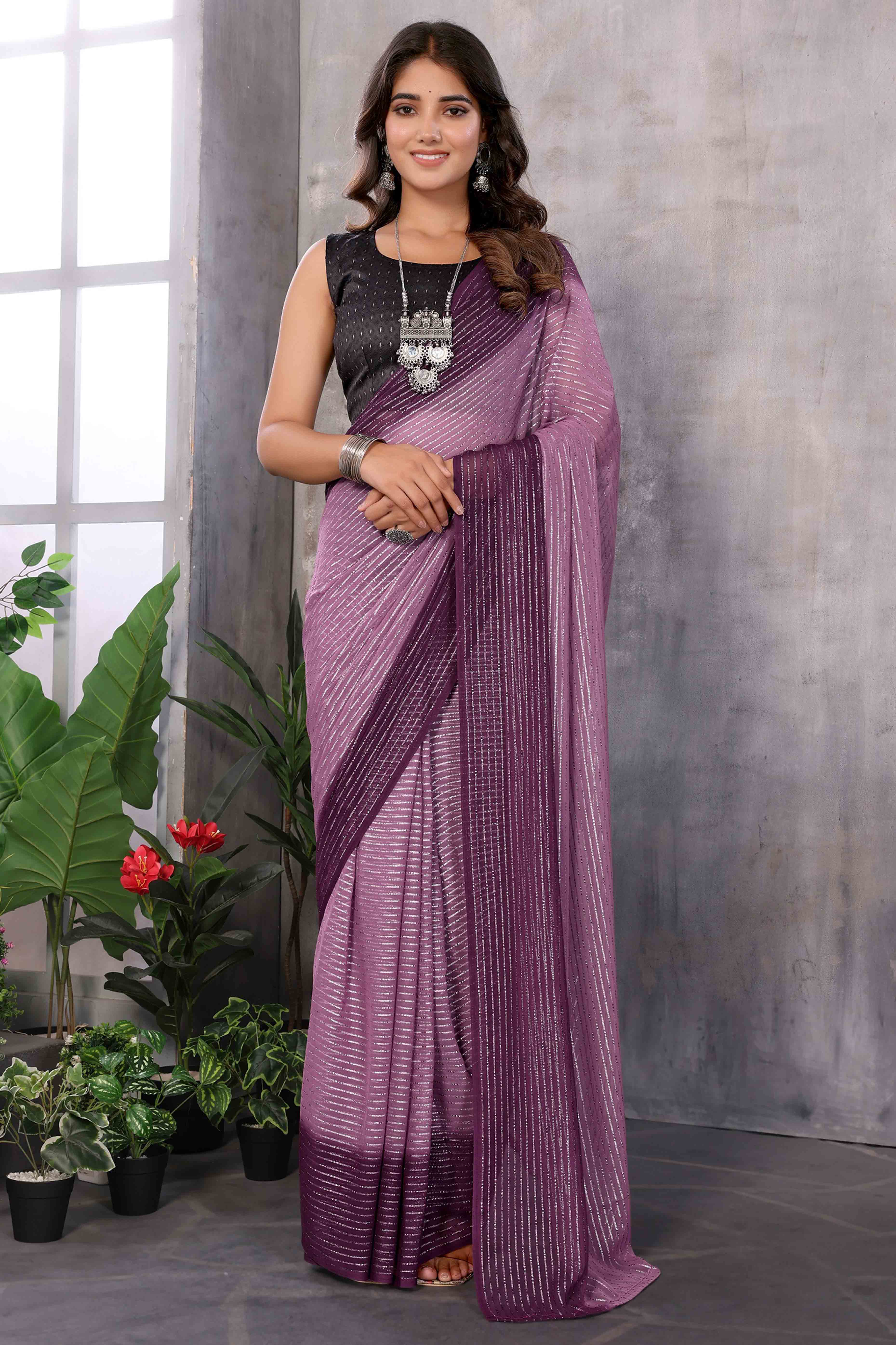 Purple Striped Zari Woven Art Silk Ready To Wear Saree