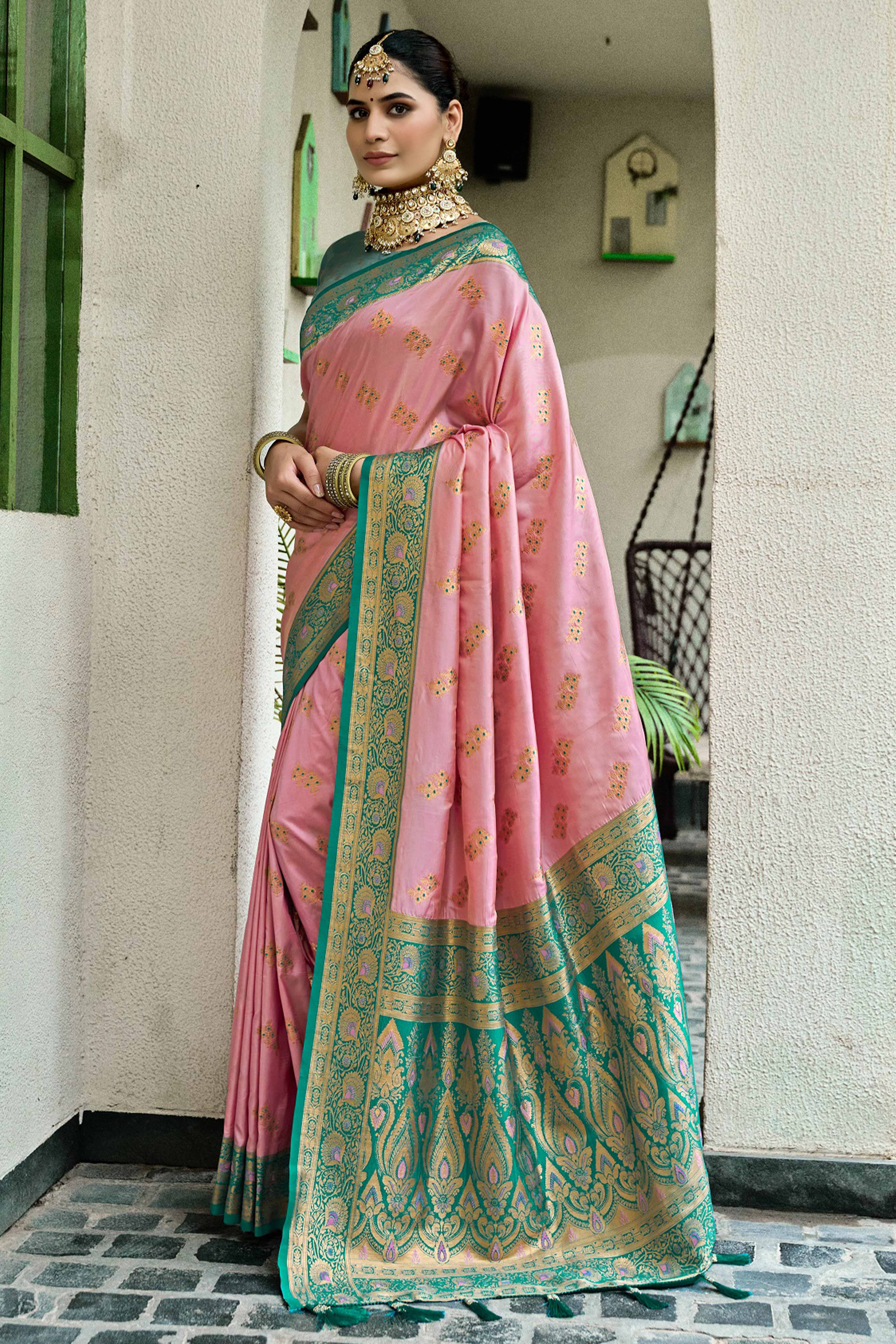 Peach Silk Blend Saree Featuring Intricate Floral Zari Work
