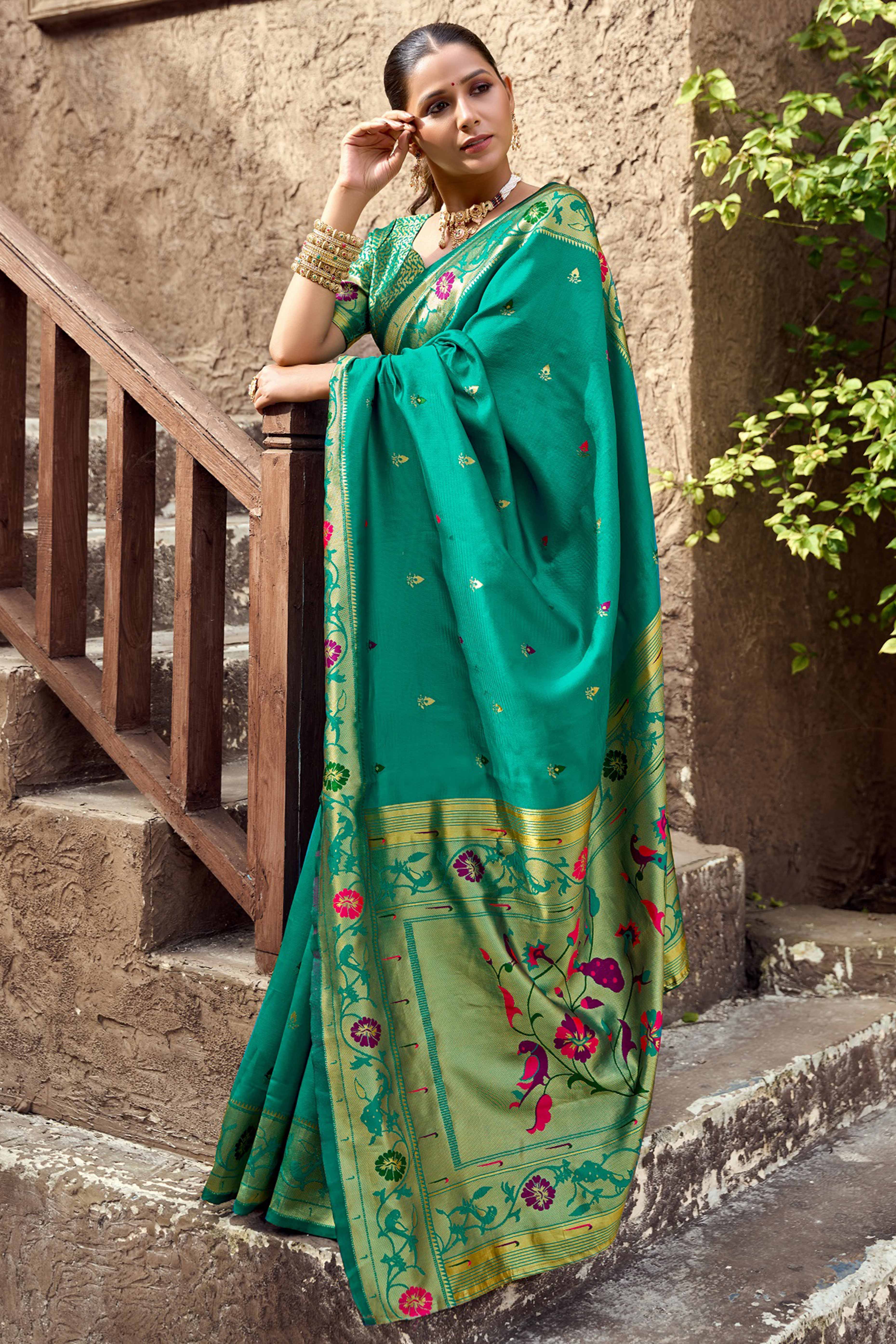 Rama Green Paithani Style Soft Silk Saree with Zari Weaving