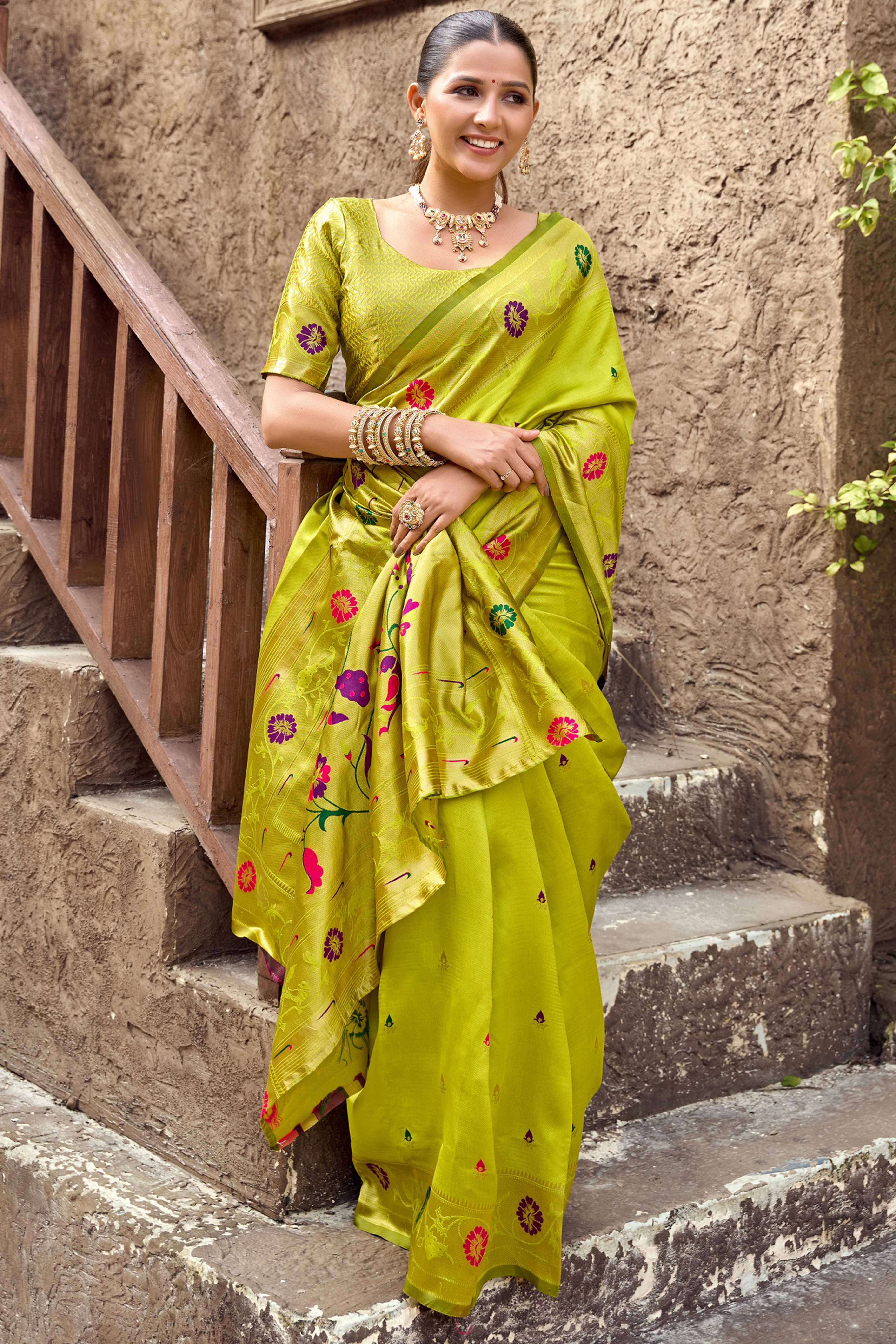 Parrot Green Paithani Style Soft Silk Saree with Zari Weaving