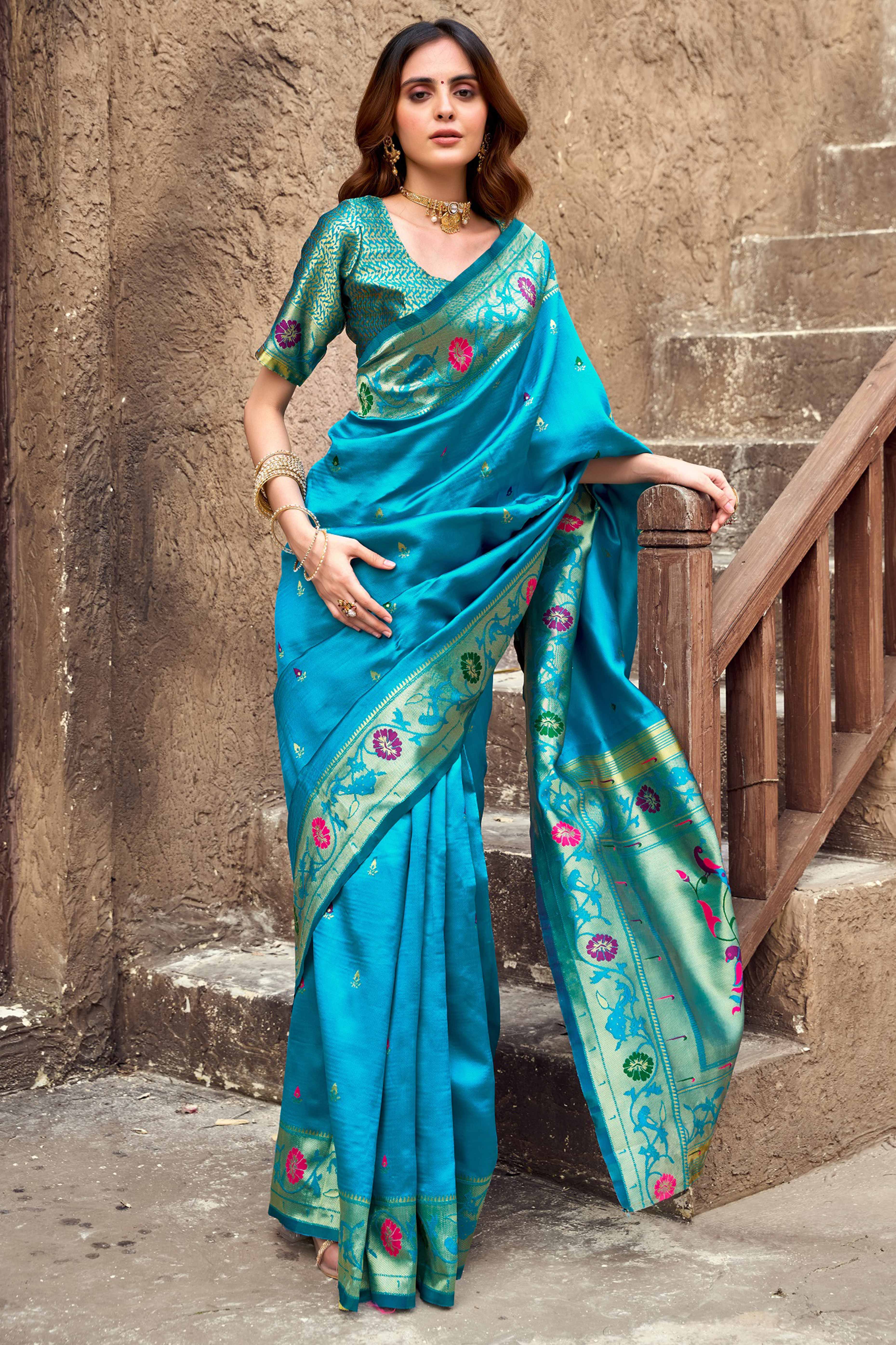 Rama Blue Paithani Style Soft Silk Saree with Zari Weaving