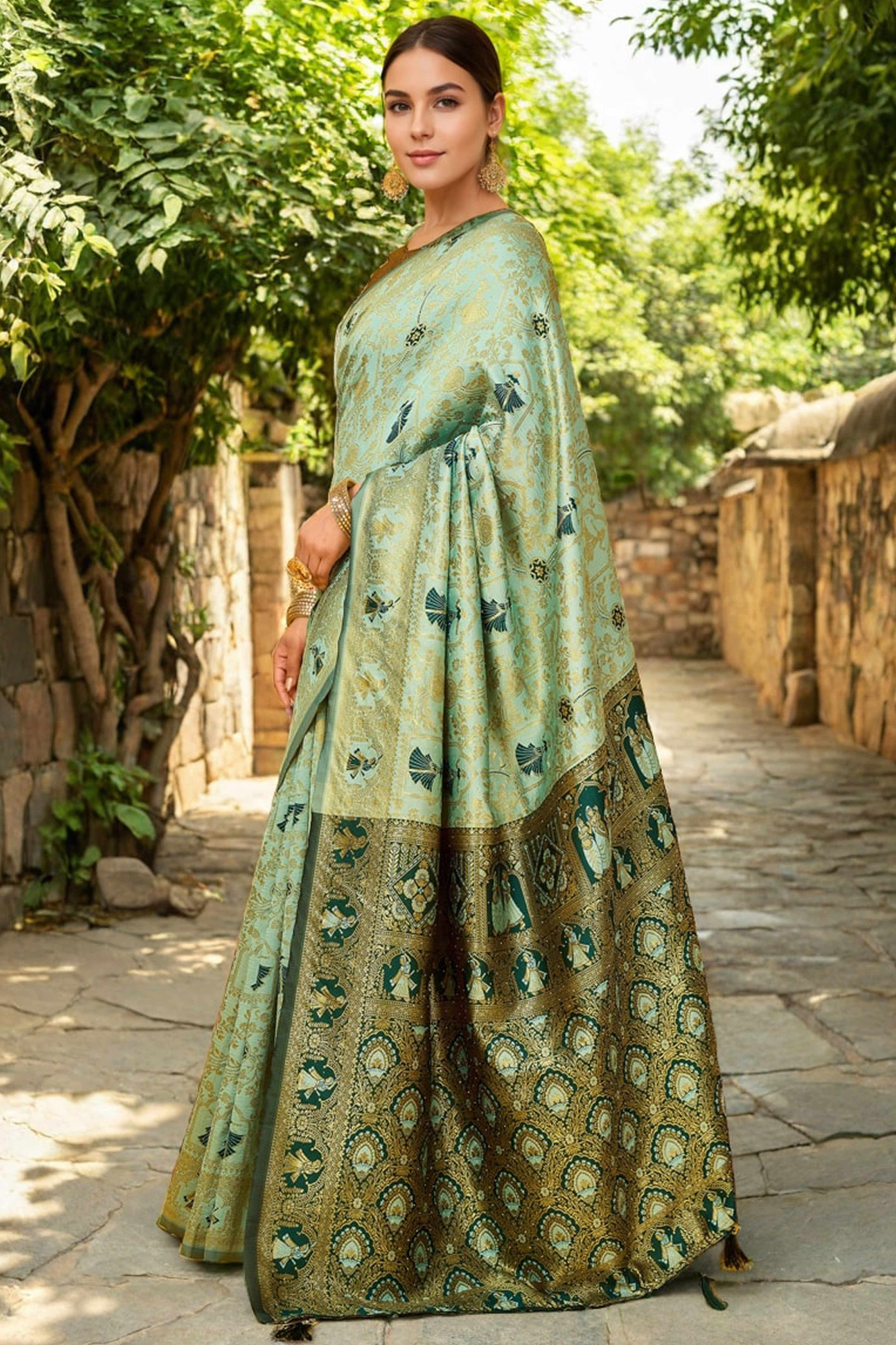 Pastel Mint Green Paithani Saree In Silk Blend Highlighted With Floral Weaving & Tasselled Edge