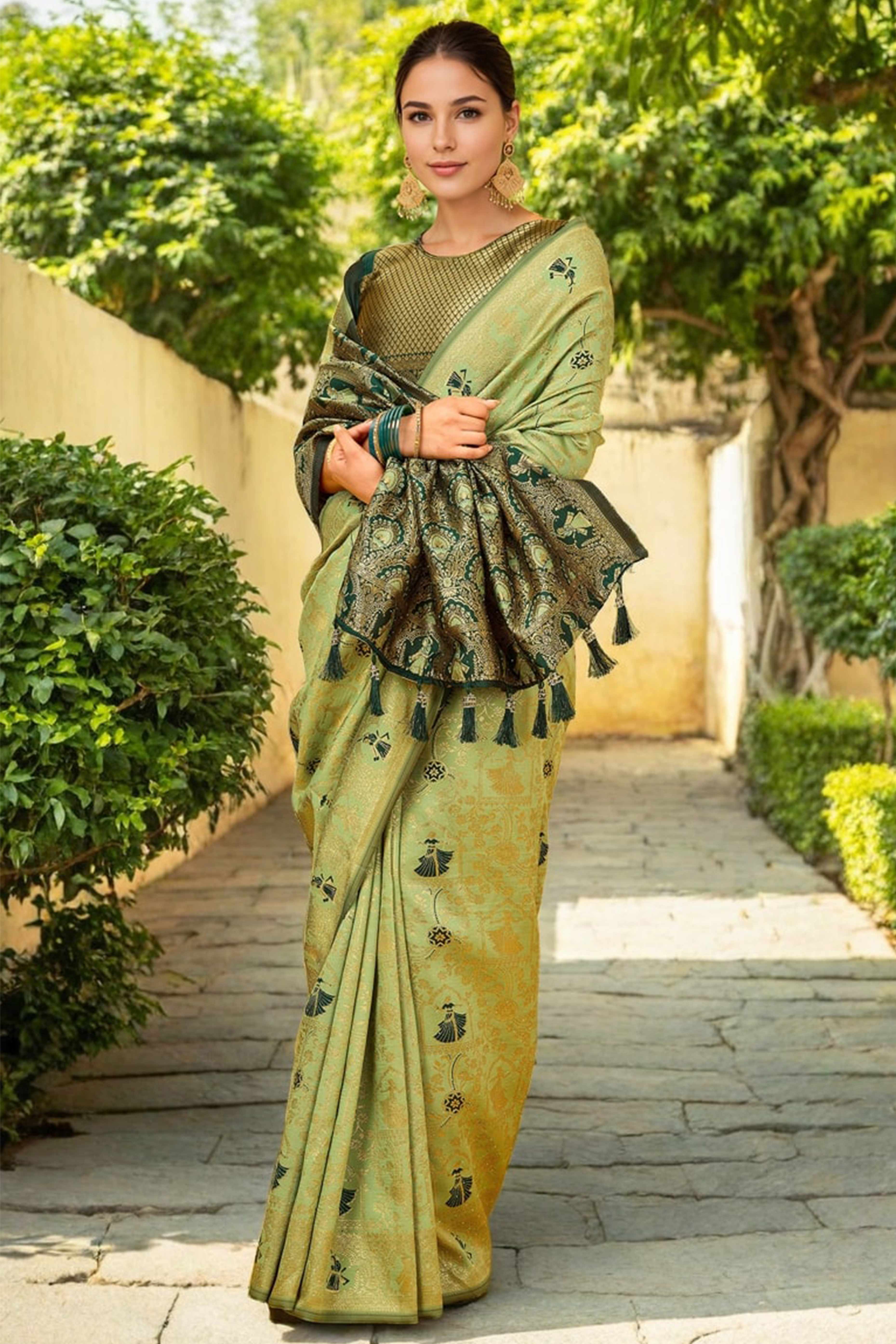 Parrot Green Paithani Saree In Silk Blend Highlighted With Floral Weaving & Tasselled Edge
