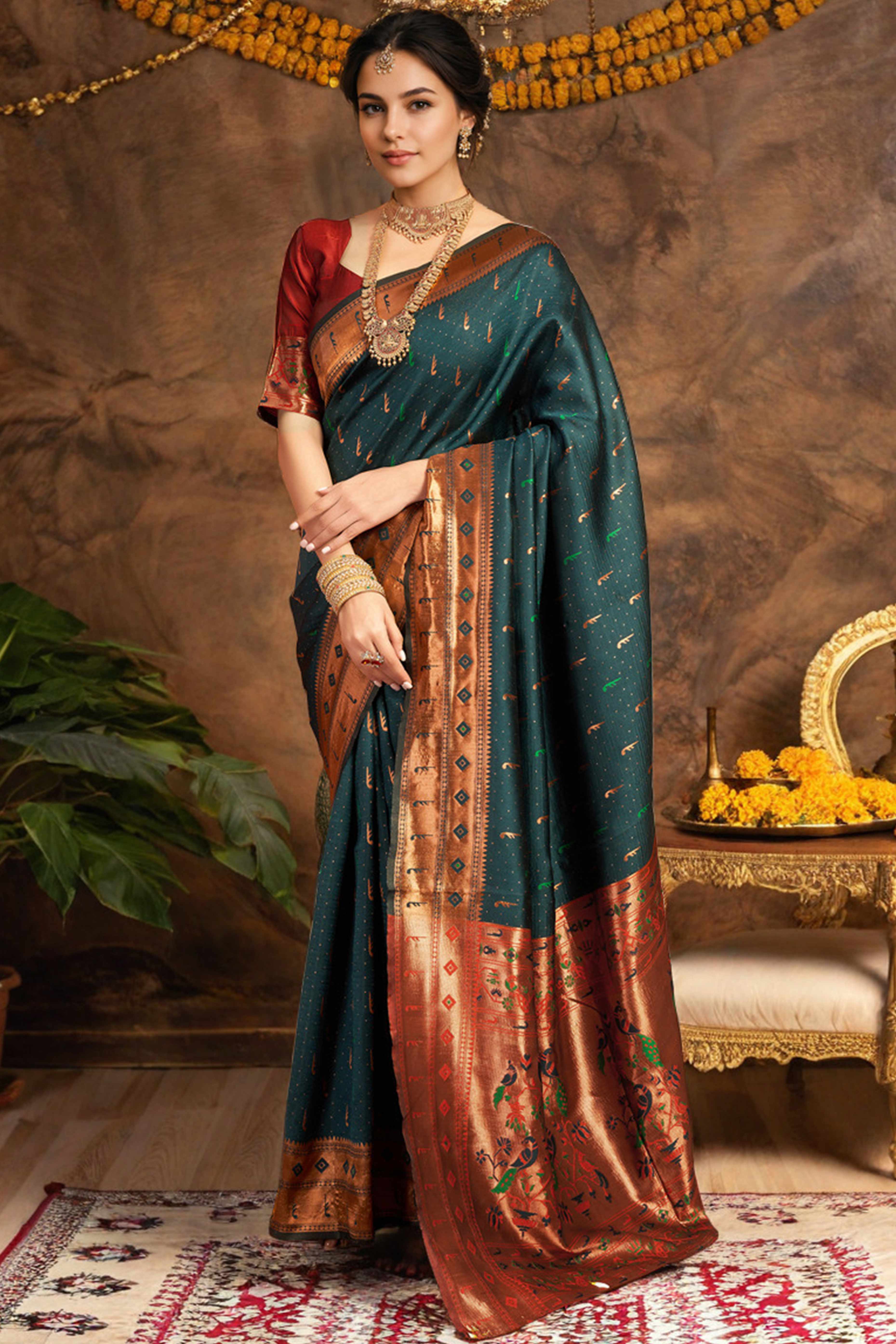 Deep Teal Silk Blend Paithani Saree Adorned With Zari Weaving & Peacock Motif Pallu