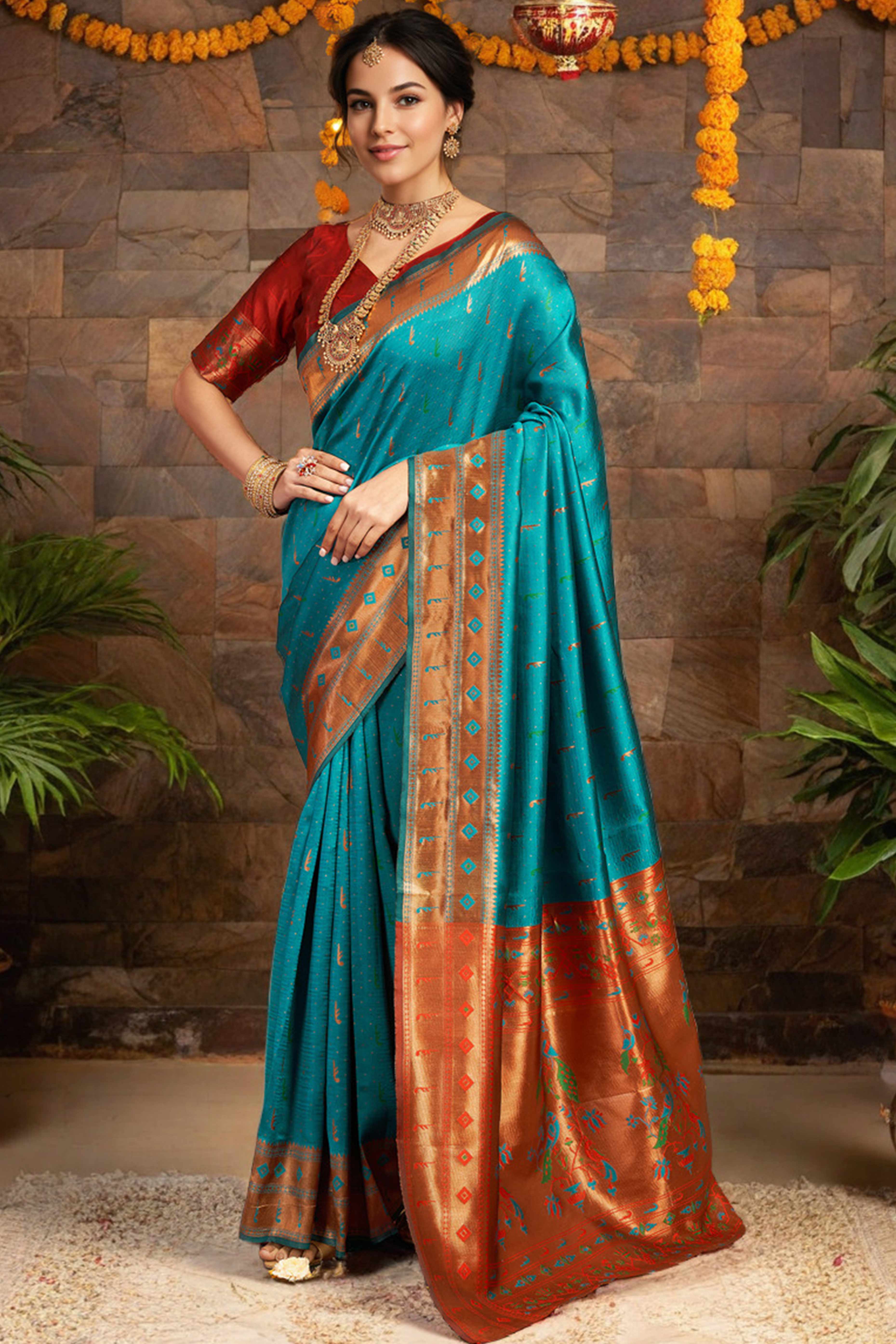 Rama Blue Silk Blend Paithani Saree Adorned With Zari Weaving & Peacock Motif Pallu