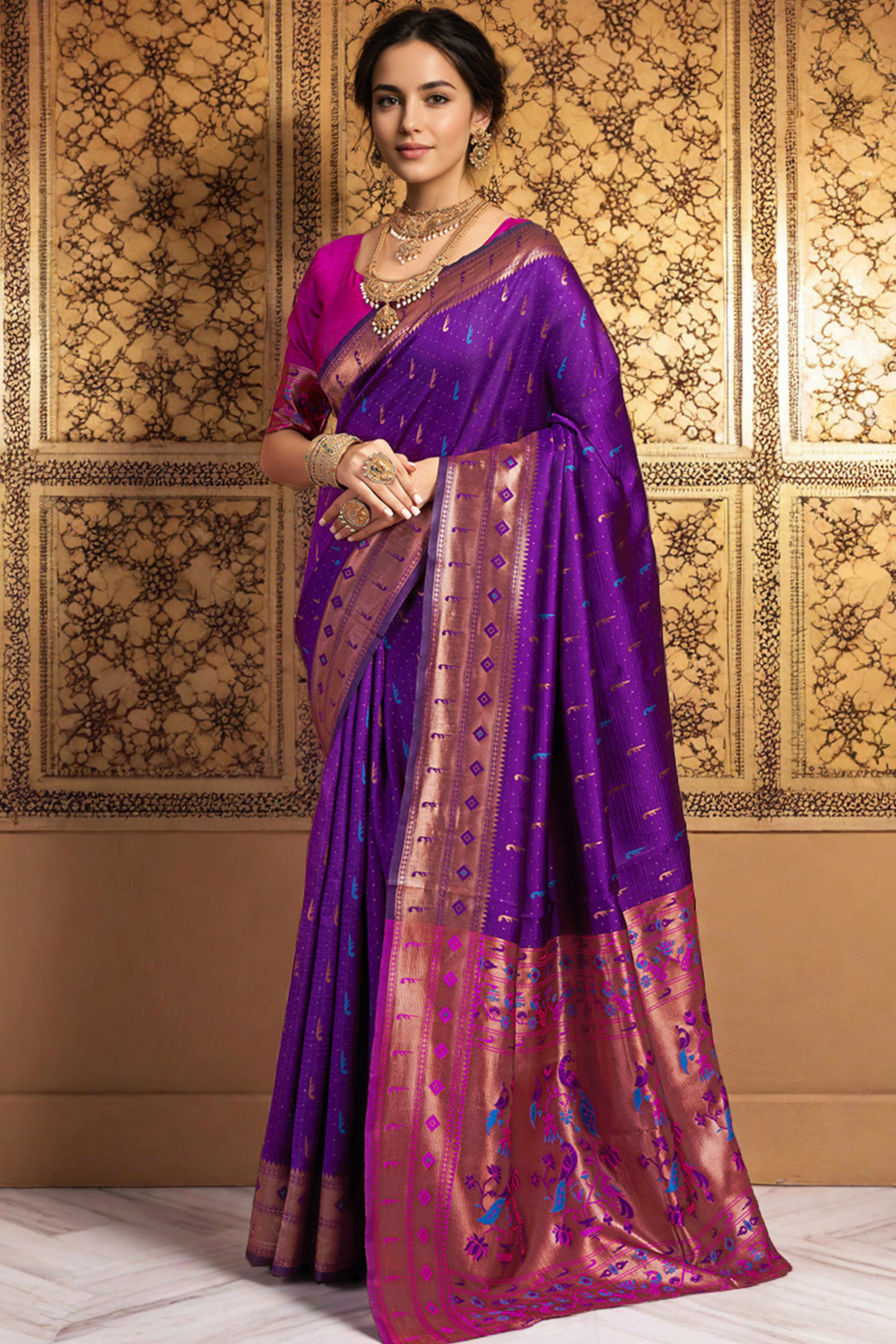 Purple Silk Blend Paithani Saree Adorned With Zari Weaving & Peacock Motif Pallu