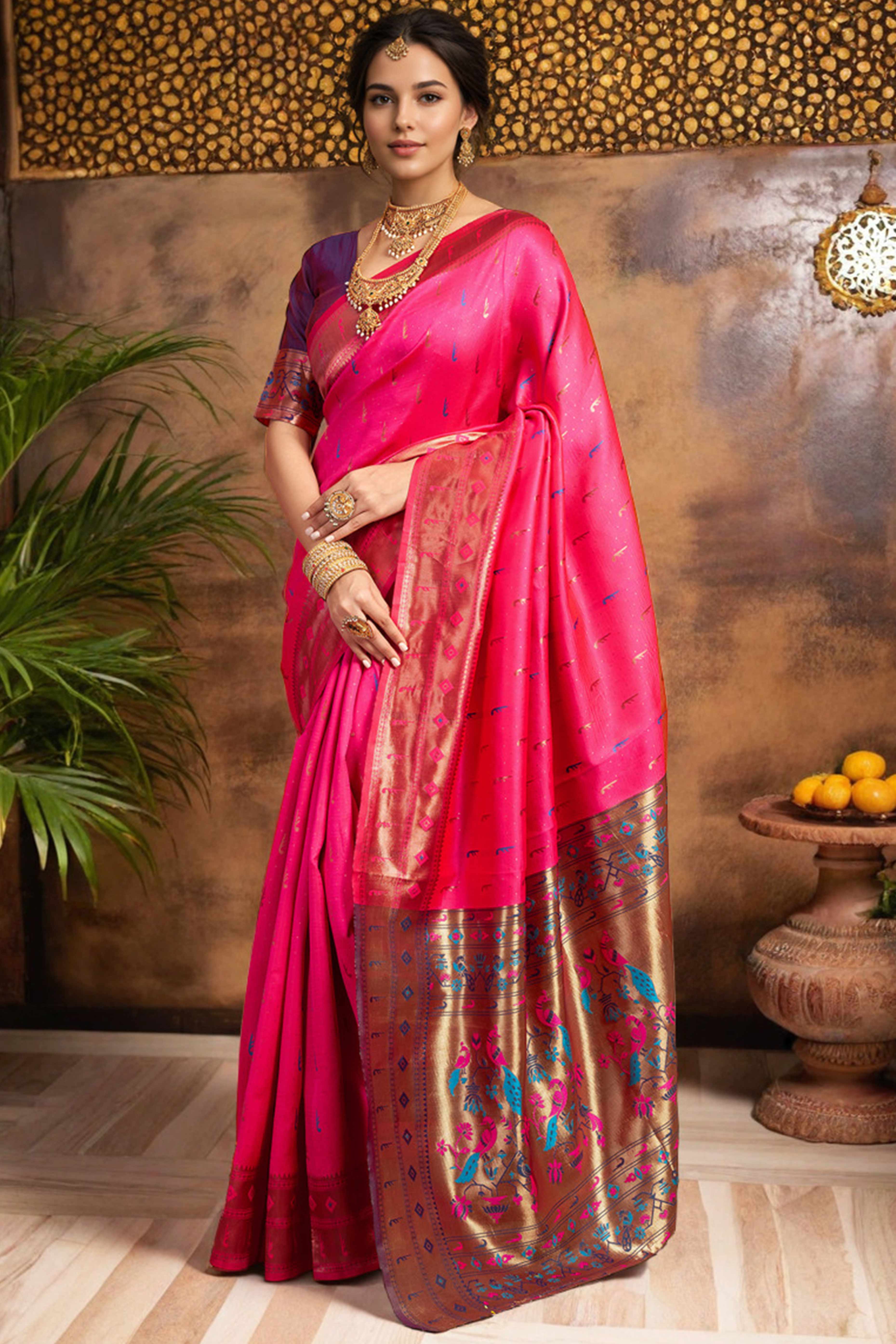 Pink Silk Blend Paithani Saree Adorned With Zari Weaving & Peacock Motif Pallu