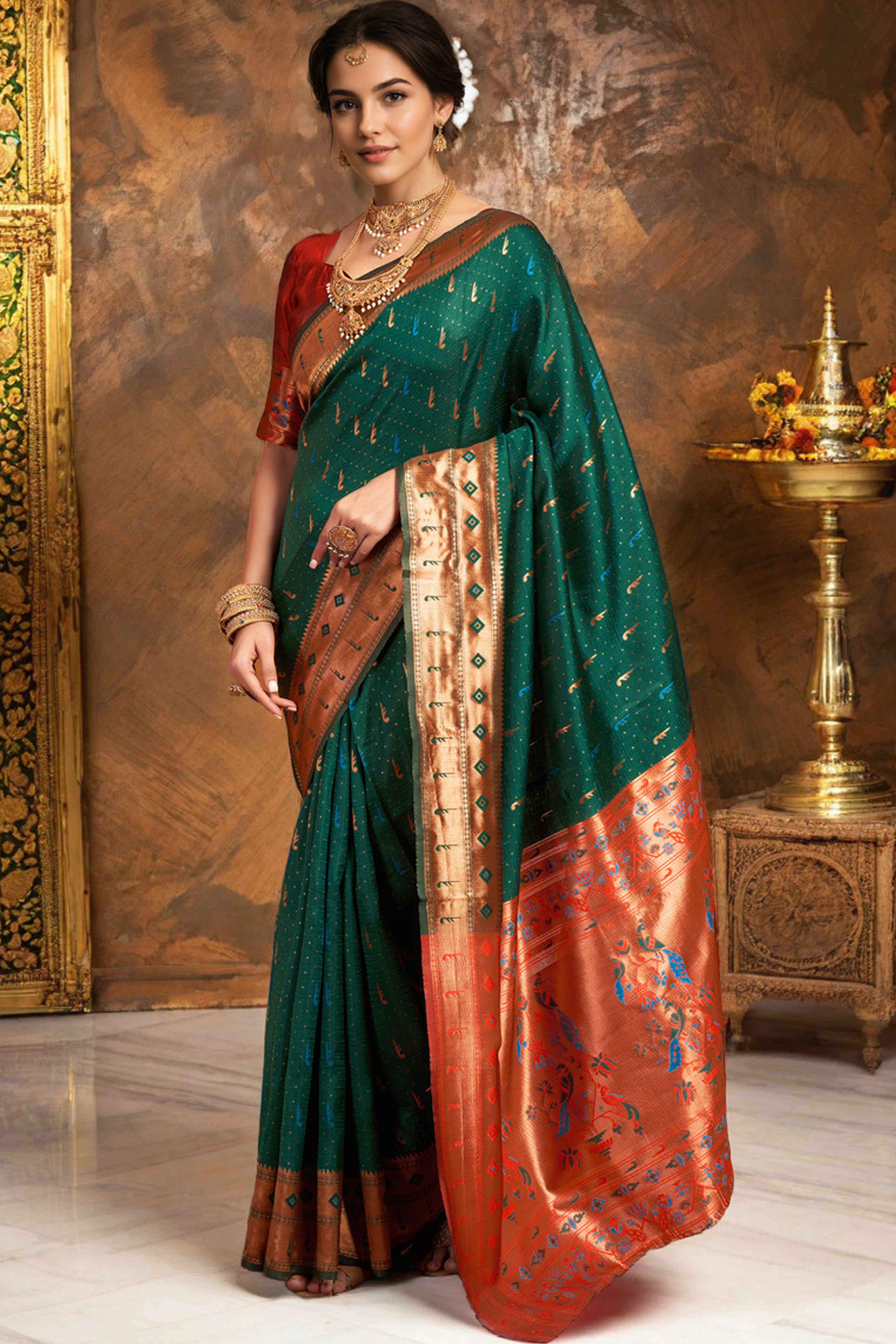 Green Silk Blend Paithani Saree Adorned With Zari Weaving & Peacock Motif Pallu